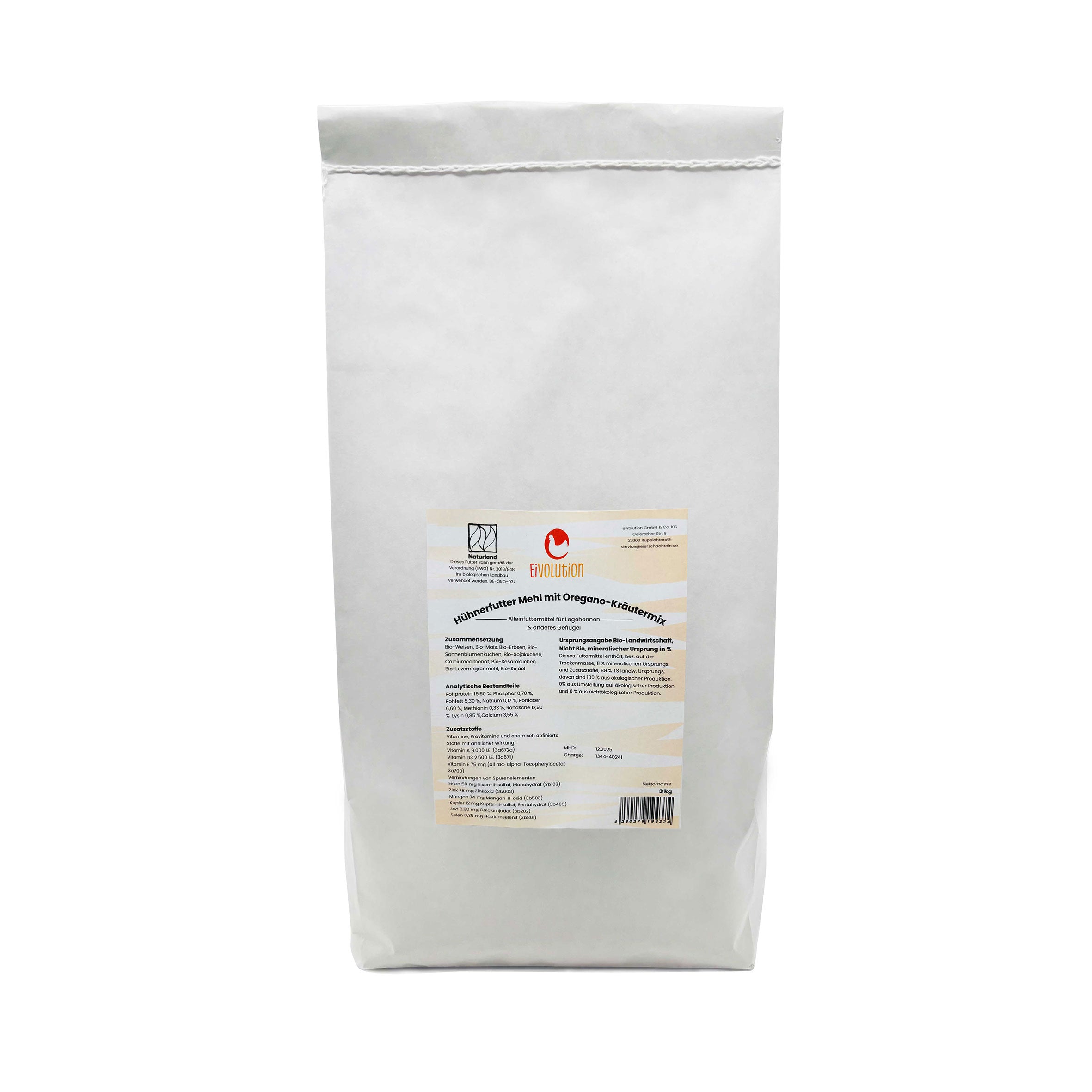 Bio Hühnerfutter Mehl mit Oregano-Kräutermix - Naturland zertifiziert, 3 kg.