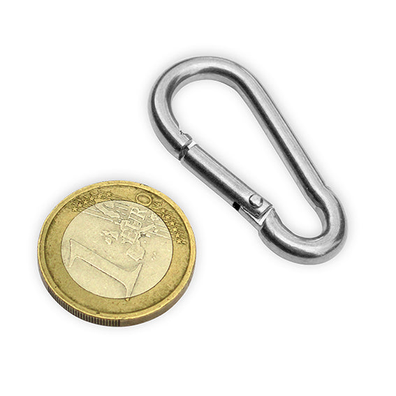 Edelstahl-Karabinerhaken, neben 1 Euromünze