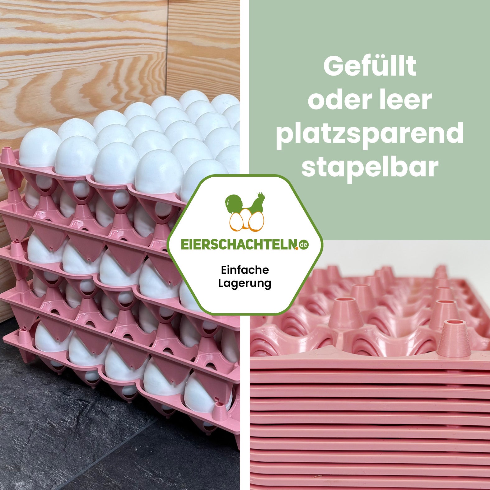 Kunststoff-Eierhorden Grün & Rosa "Gefüllt oder leer platzsparend stapelbar"