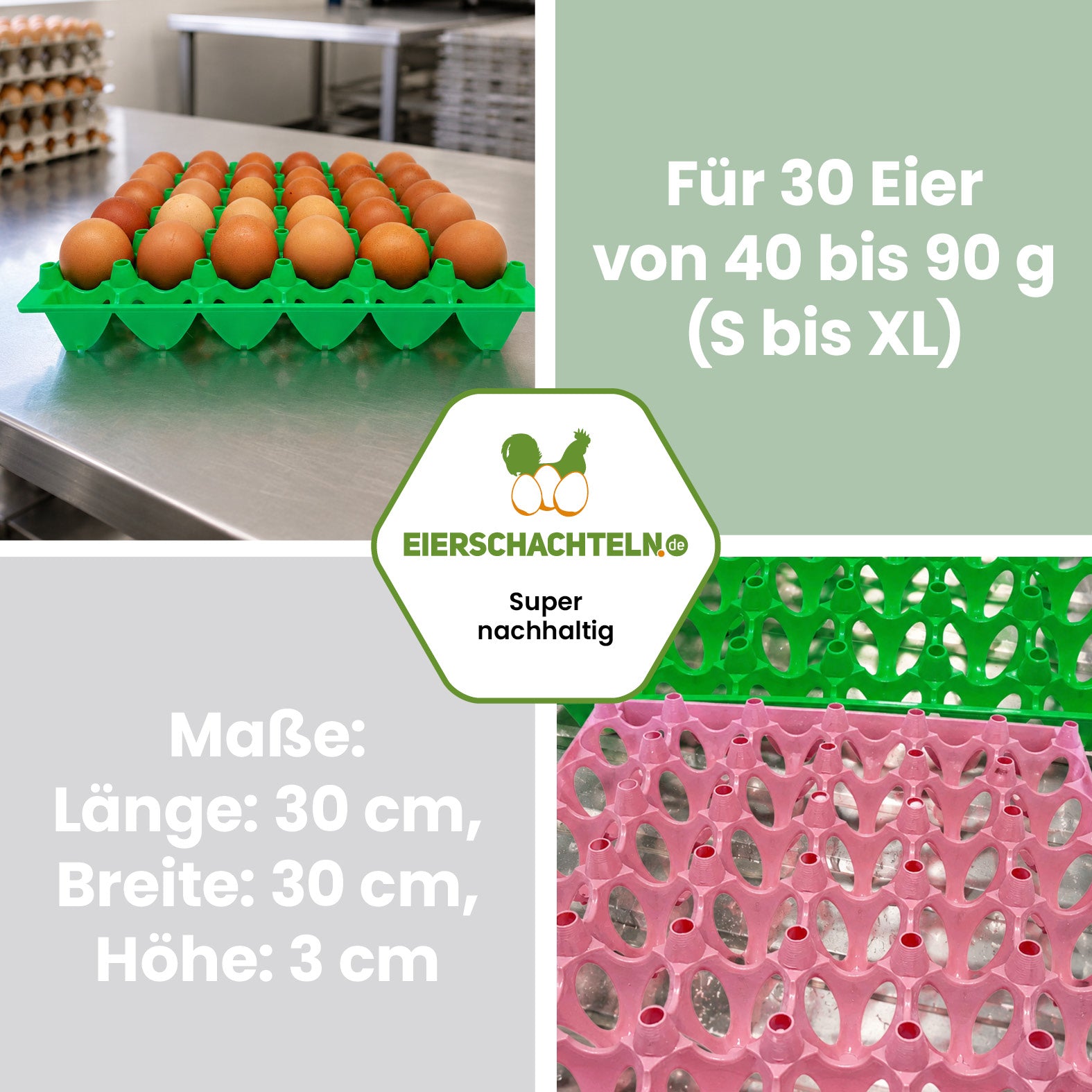 Kunststoff-Eierhorden Grün & Rosa "Für 30 Eier von 40 bis 90 g (S bis XL), Maße: Länge 30 cm, Breite: 30 cm, Höhe: 3 cm"