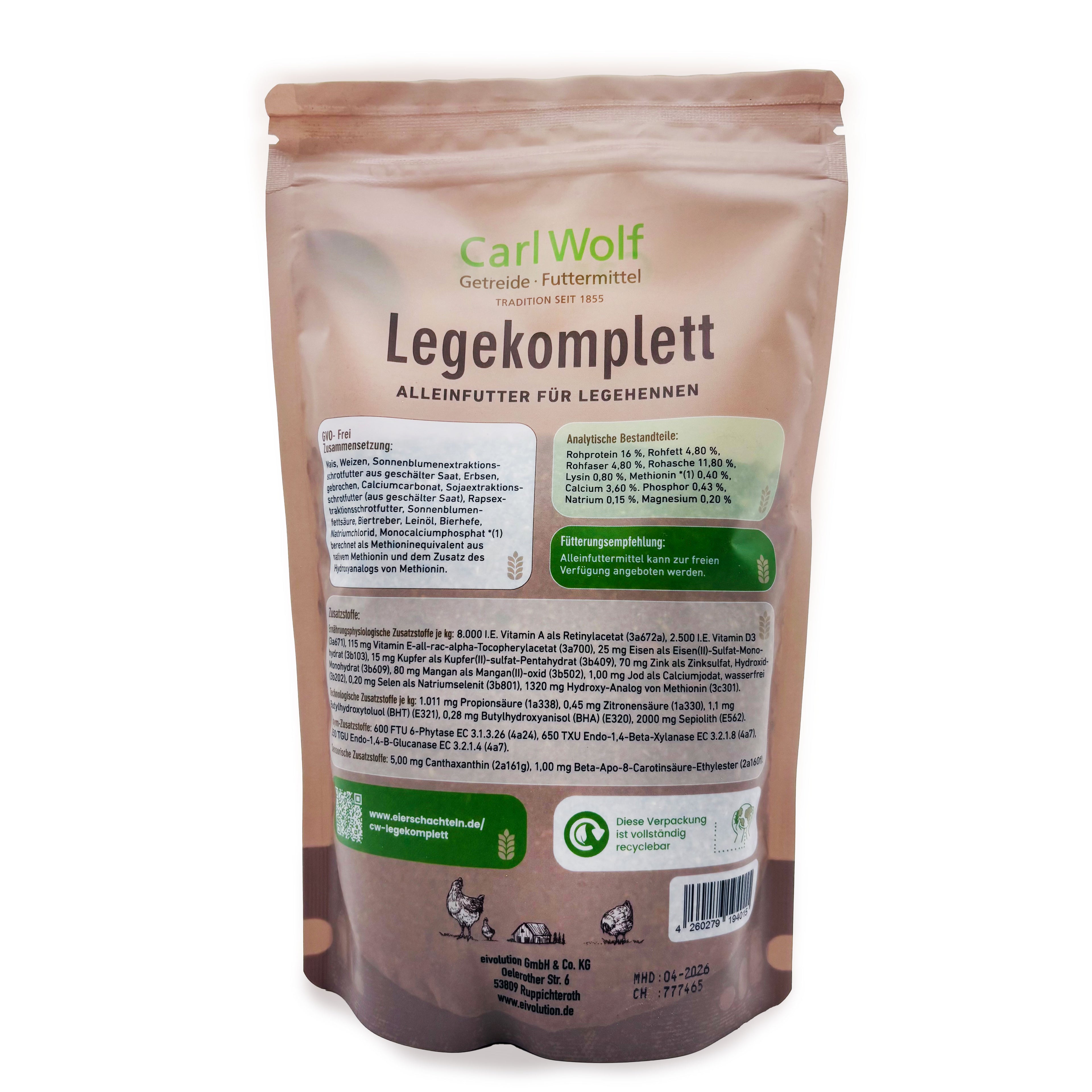 Carl Wolf Lege Komplett - Alleinfuttermittel für Legehennen, fein gebrochen, 800 g Probierbeutel, Rückseite