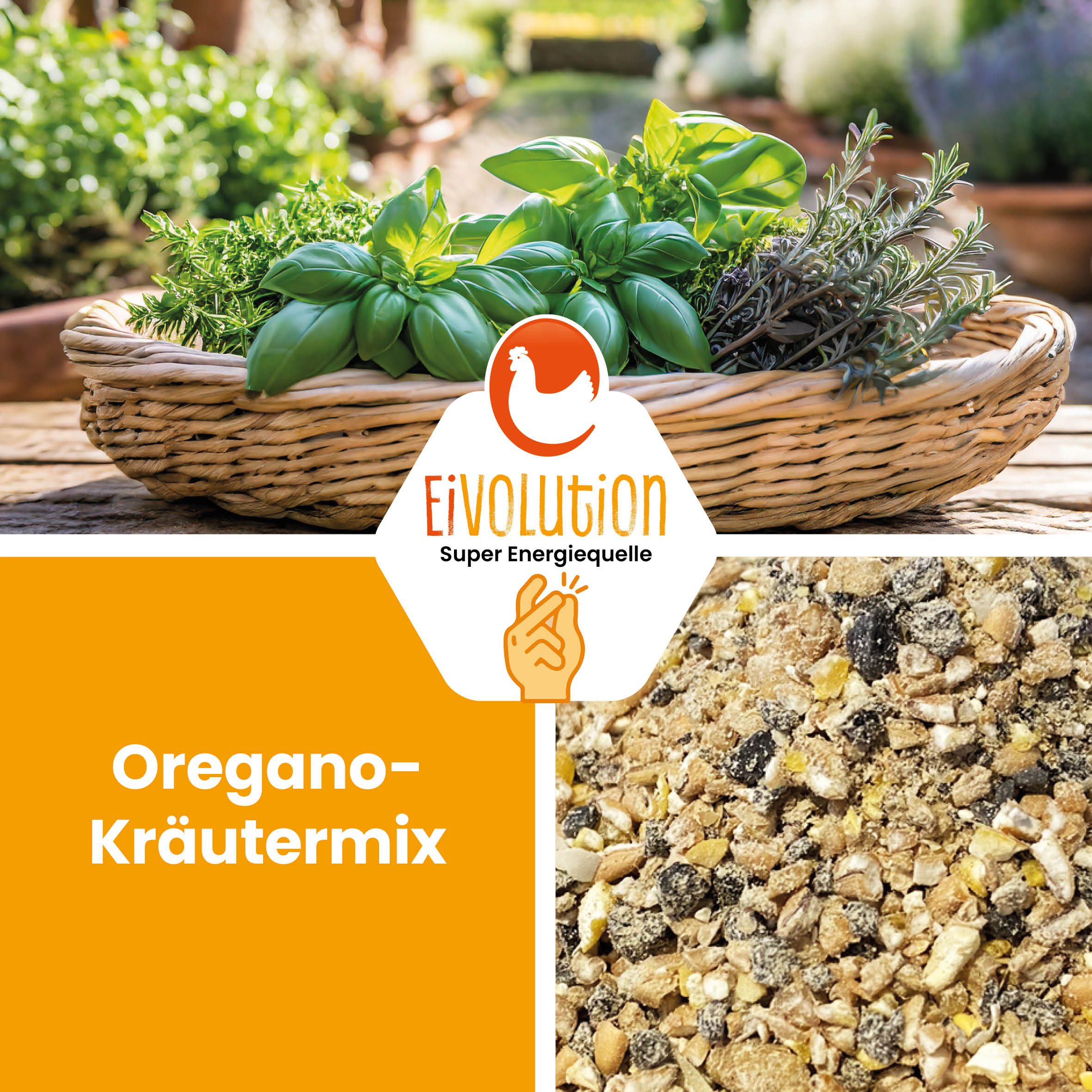 Bio Hühnerfutter Mehl mit Oregano-Kräutermix - Naturland zertifiziert "eivolution, super Energiequelle"