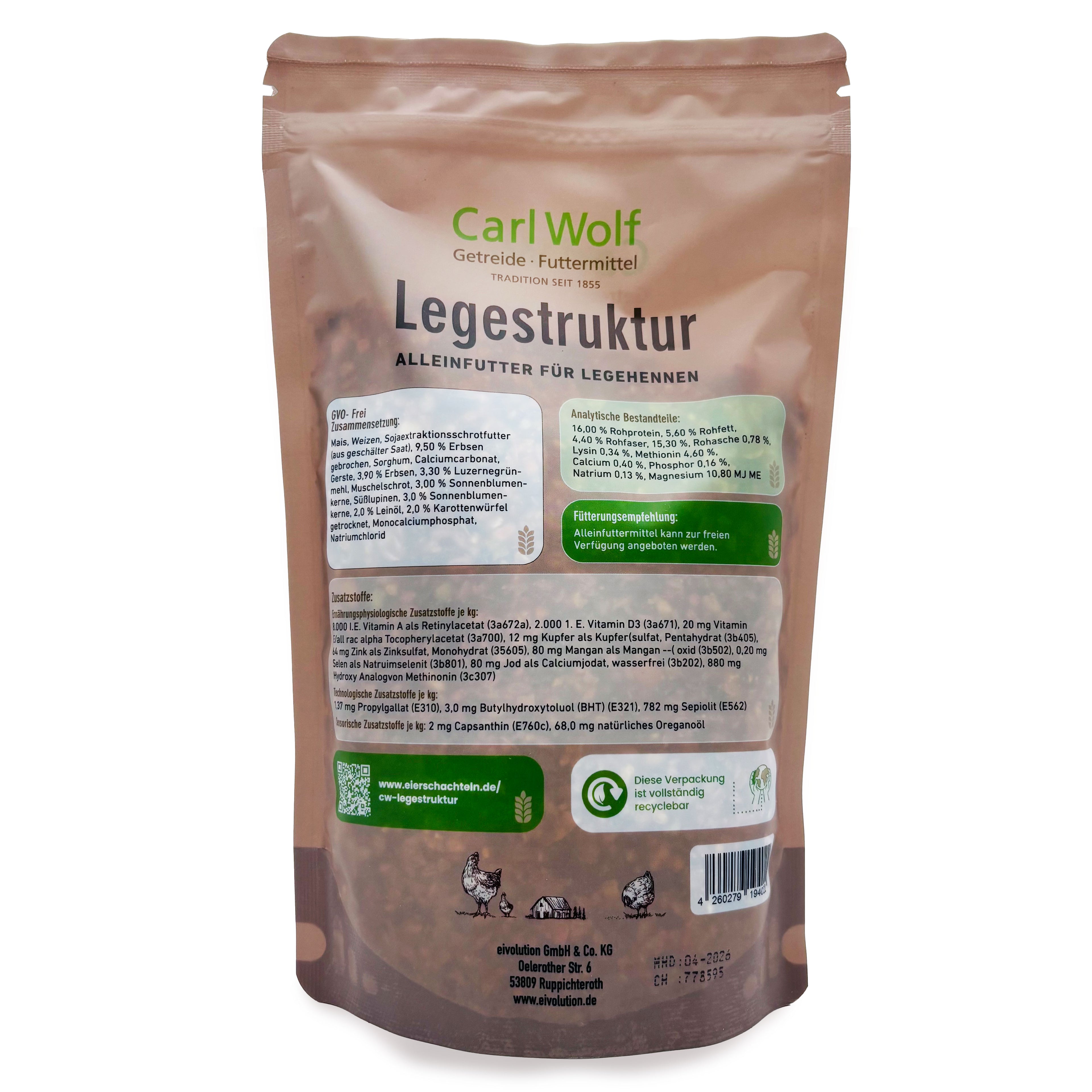 Carl Wolf Legestruktur - Alleinfuttermittel für Legehennen, 800 g Probierbeutel, Rückseite