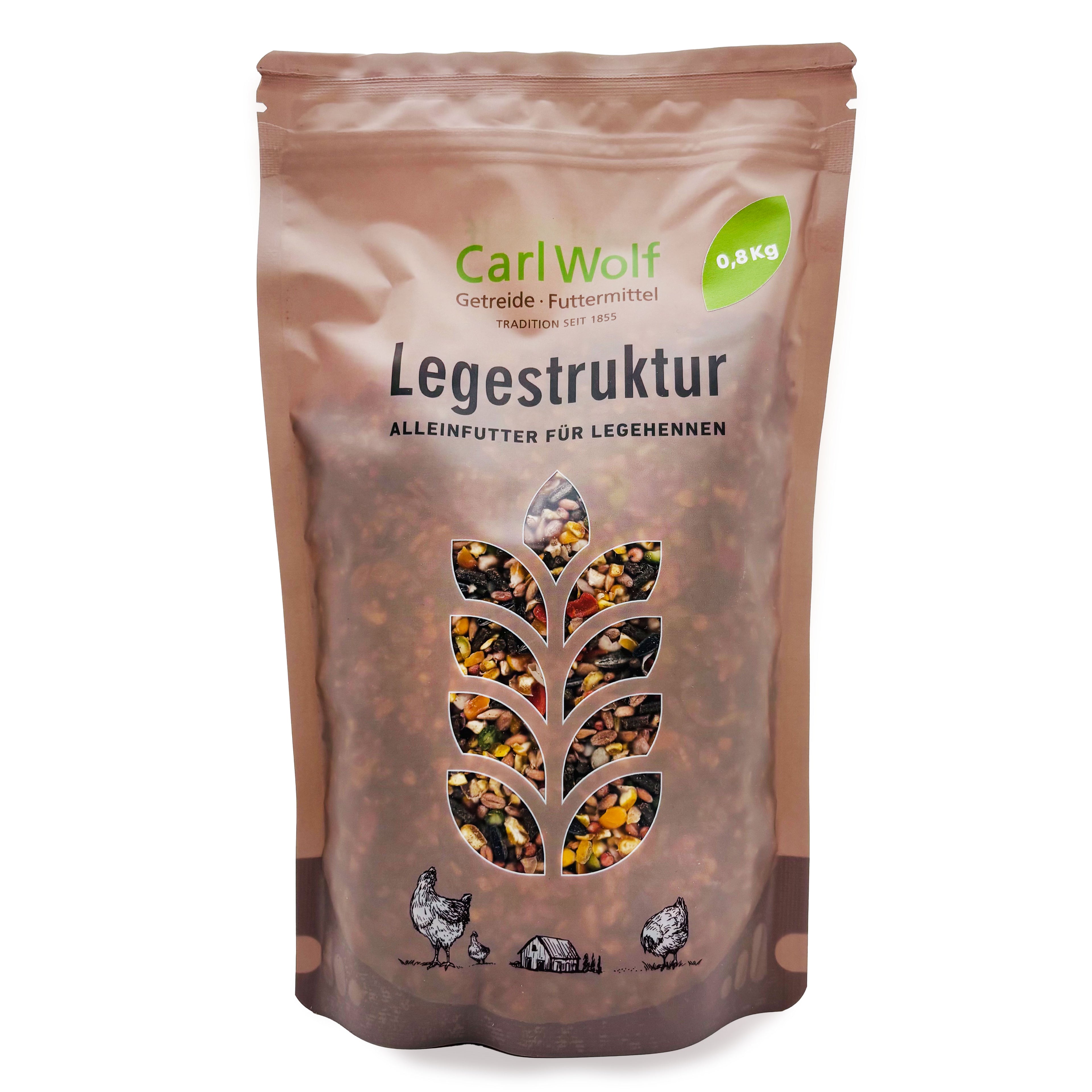 Carl Wolf Legestruktur - Alleinfuttermittel für Legehennen, 800 g Probierbeutel, Vorderseite
