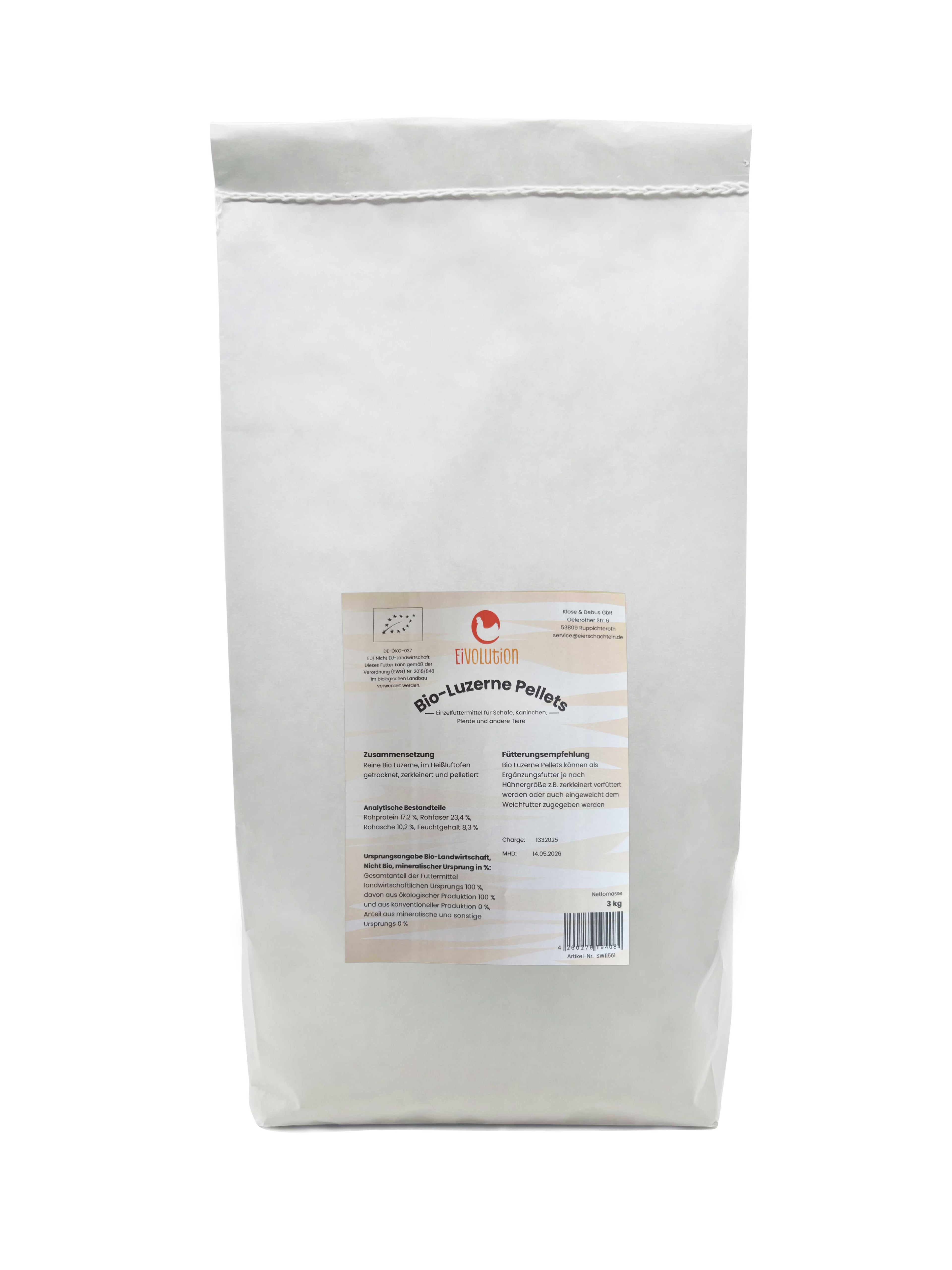 Bio Luzerne Pellets für Kaninchen, Schafe, Pferde, 3 kg Sack