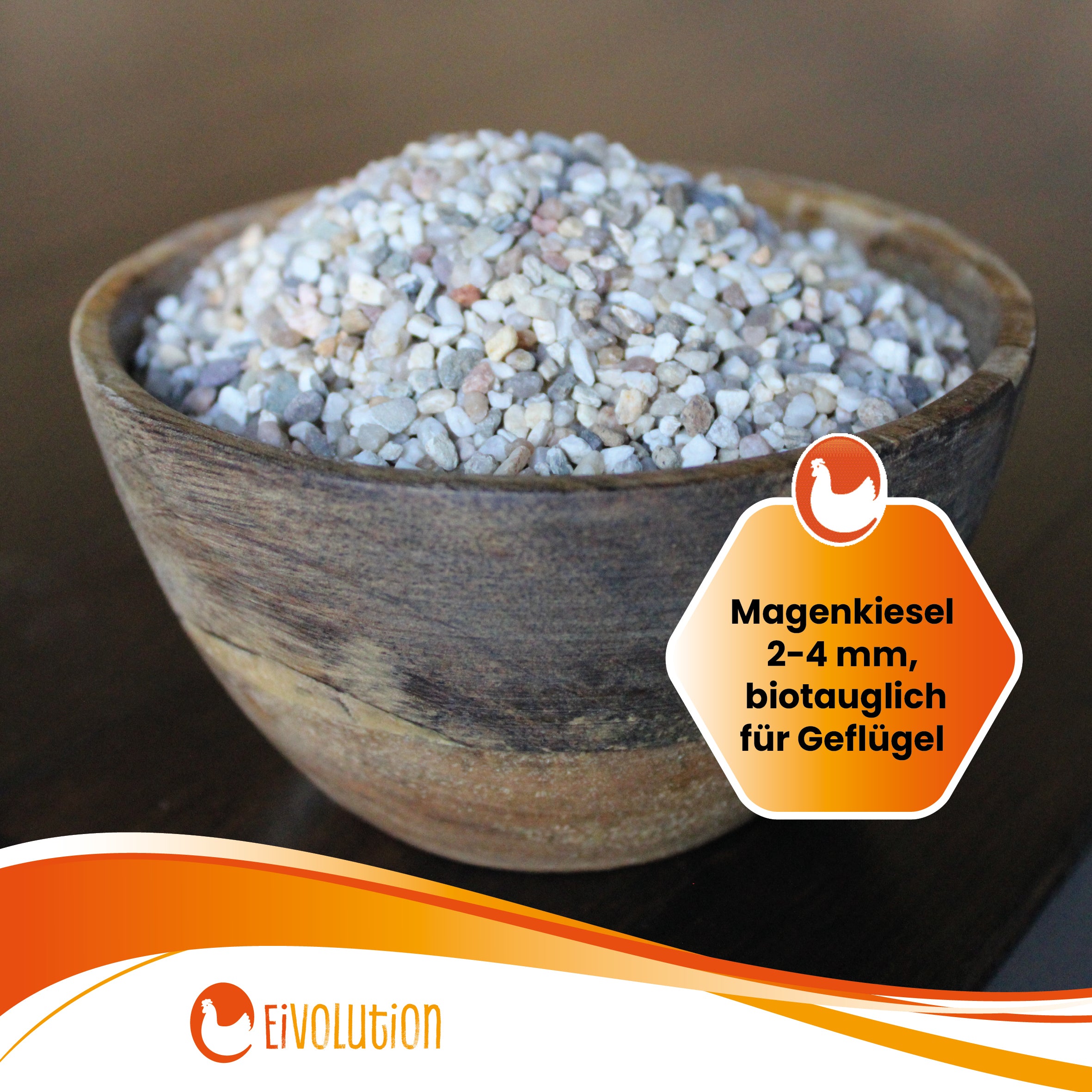 Magenkiesel in einer Holzschale "Magenkiesel 2-4 mm biotauglich für Geflügel"