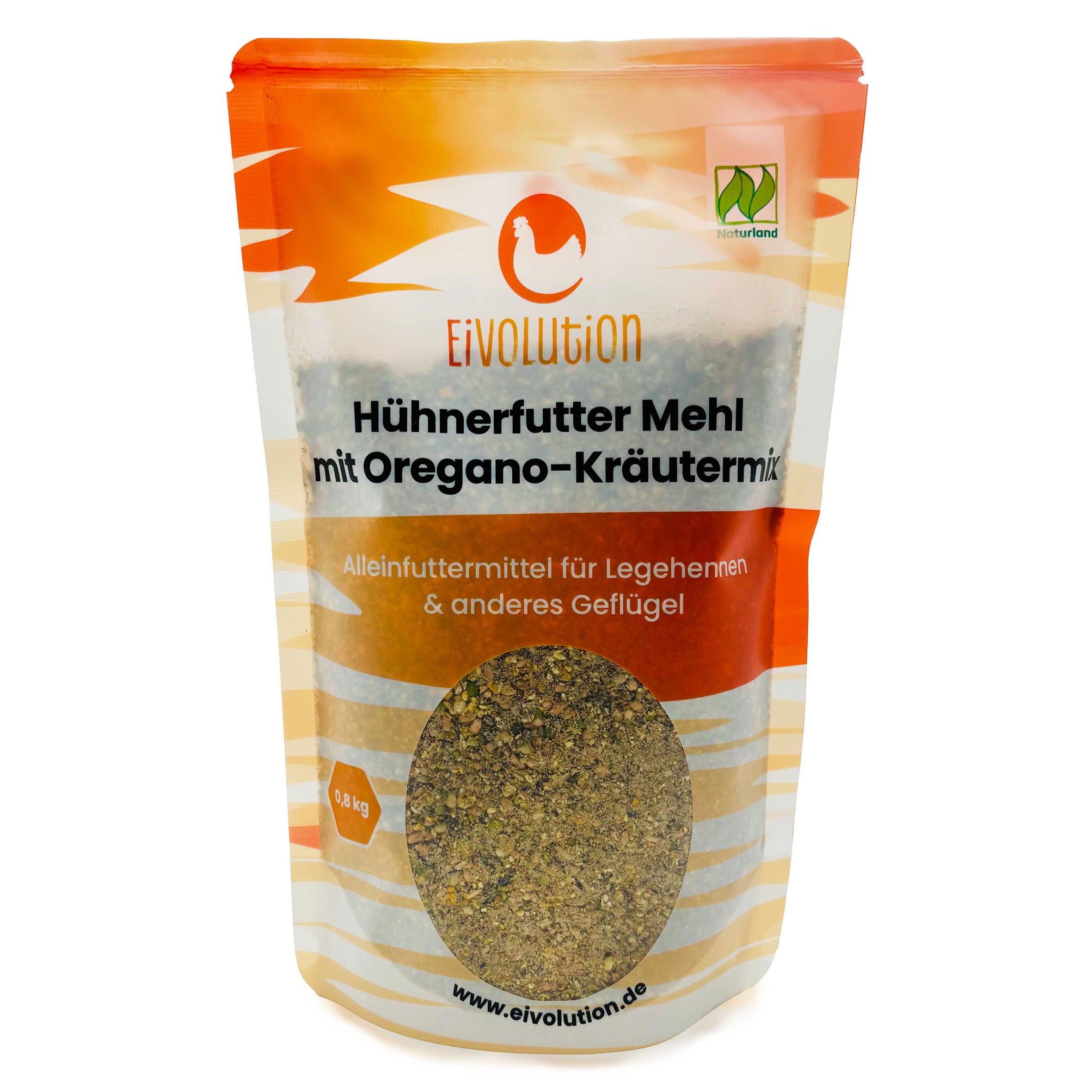 Bio-Hühnerfutter Legemehl mit Oregano-Kräutermix 800 g Beutel, Vorderseite