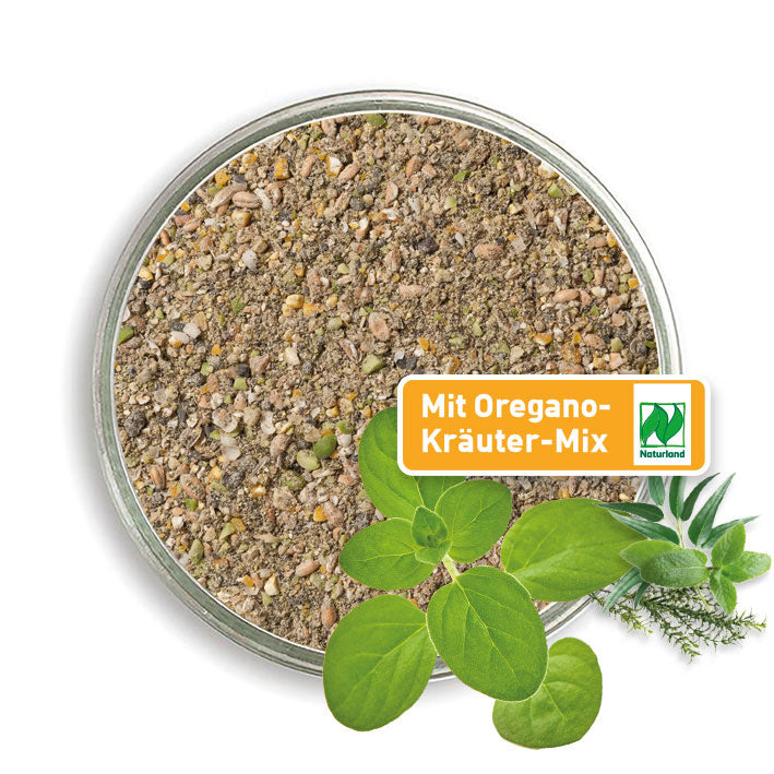 Bio-Hühnerfutter Legemehl mit Oregano-Kräutermix in der Petrischale