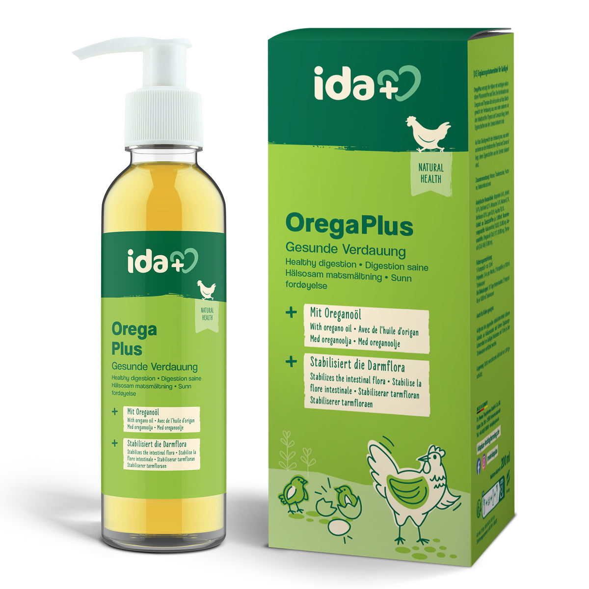 Orega Plus - Oregano Öl für Hühner unterstützt die Verdauung & Darmflora, Flasche und Karton