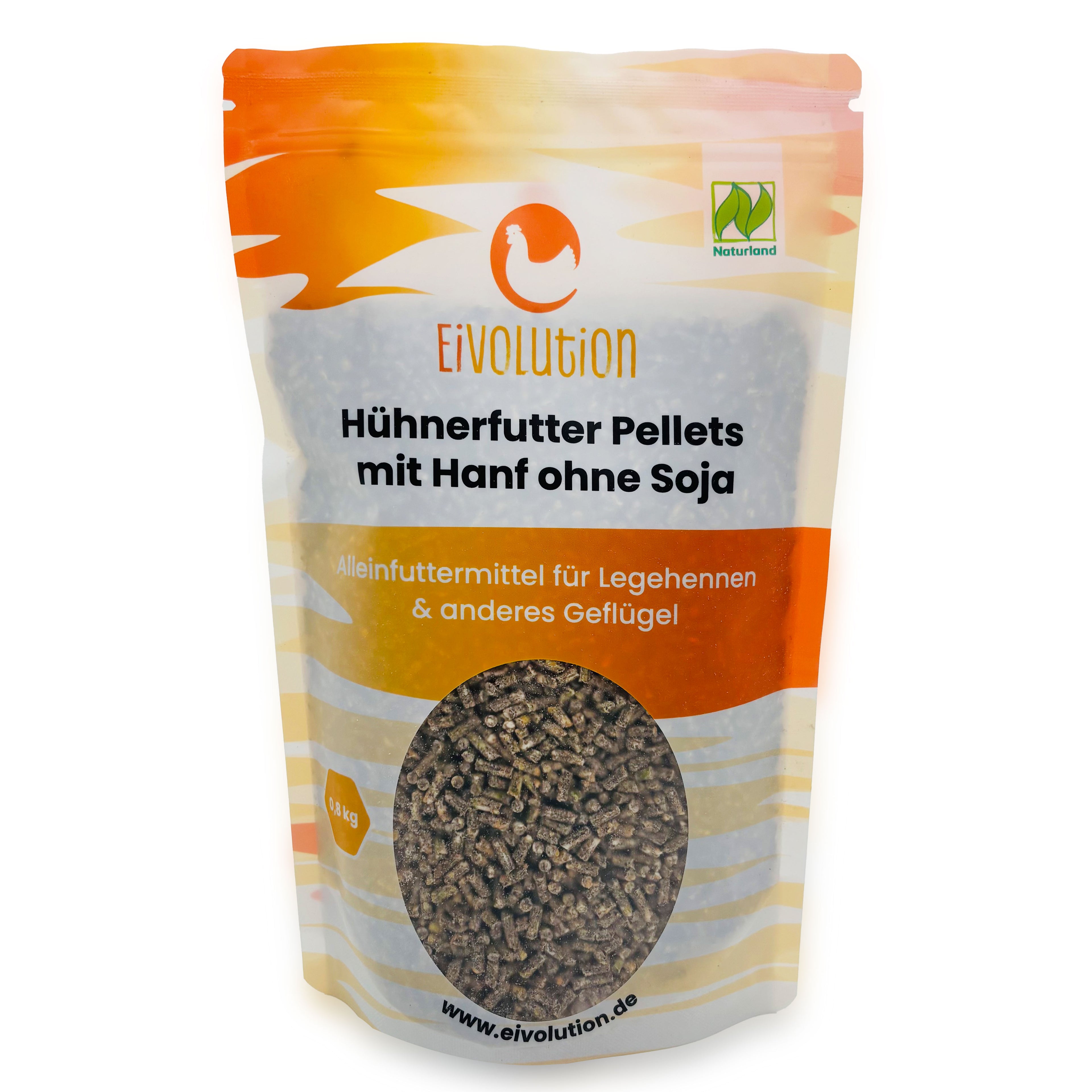 Vorder- und Rückseite Bio Hühnerfutter Pellets ohne Soja mit Hanf, 800 g, Vorderseite