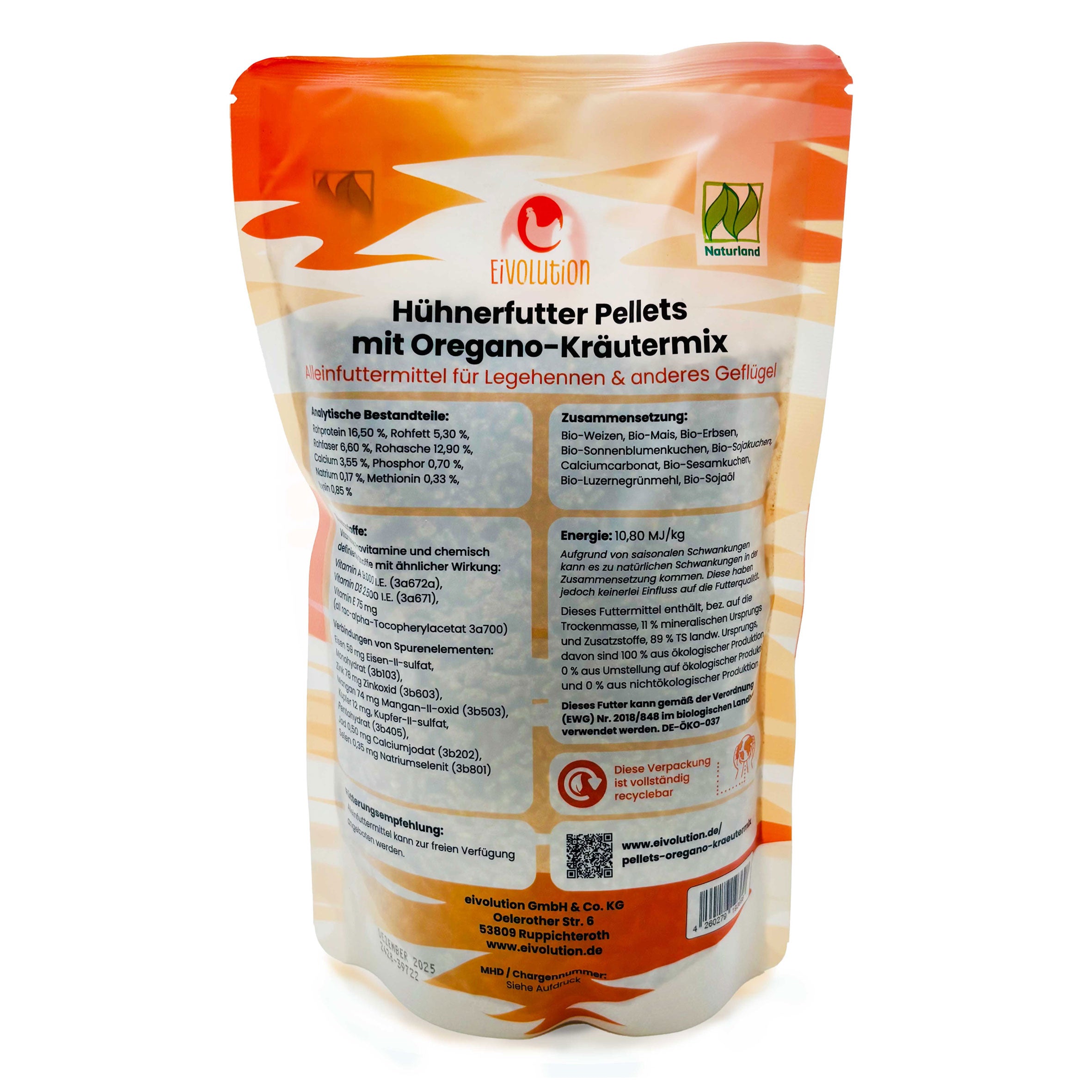 Bio-Hühnerfutter Pellets mit Oregano-Kräutermix 800 g, Rückseite