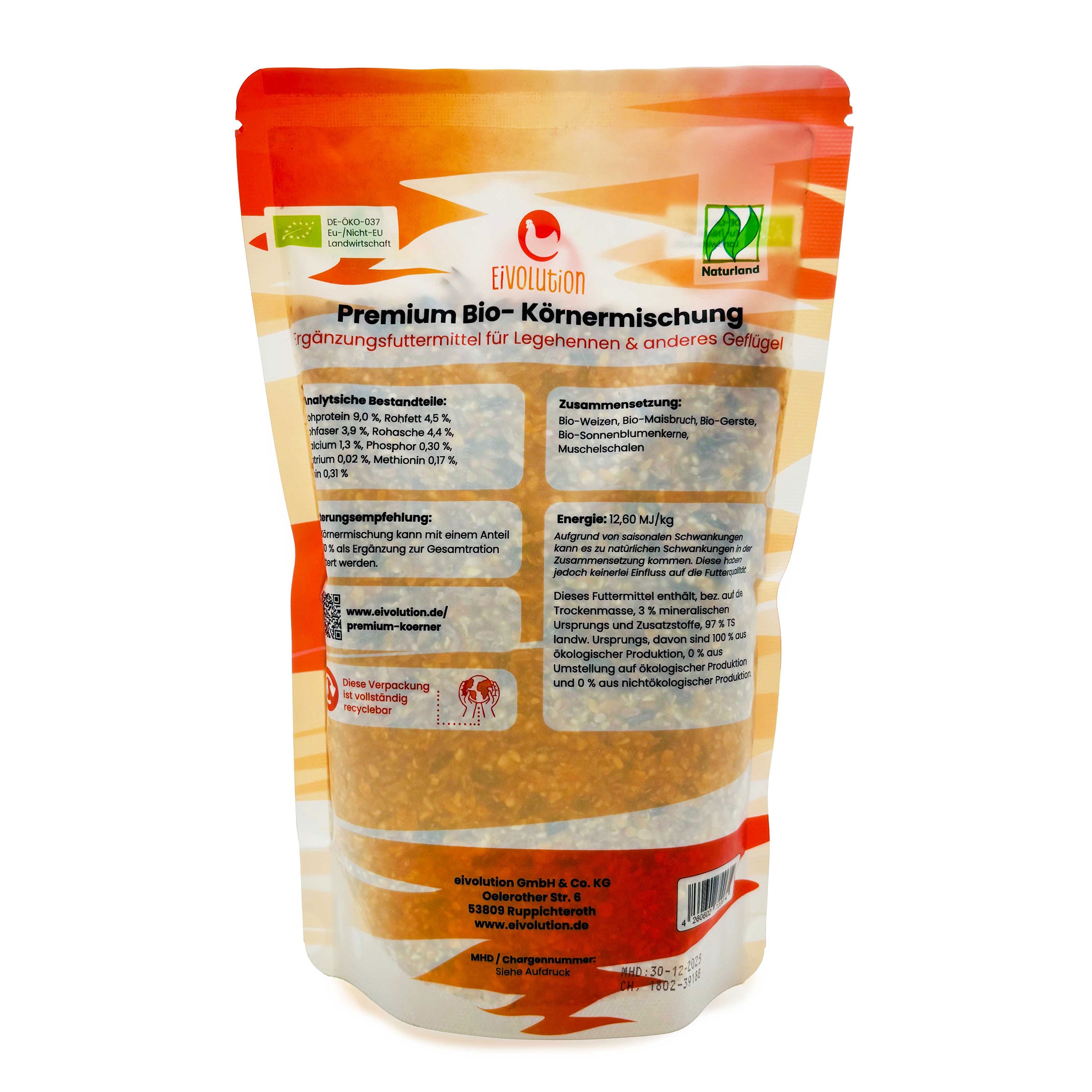 Premium Bio-Körnermischung für Hühner und anderes Geflügel, 800 g Beutel - Naturland zertifiziert, Rückseite