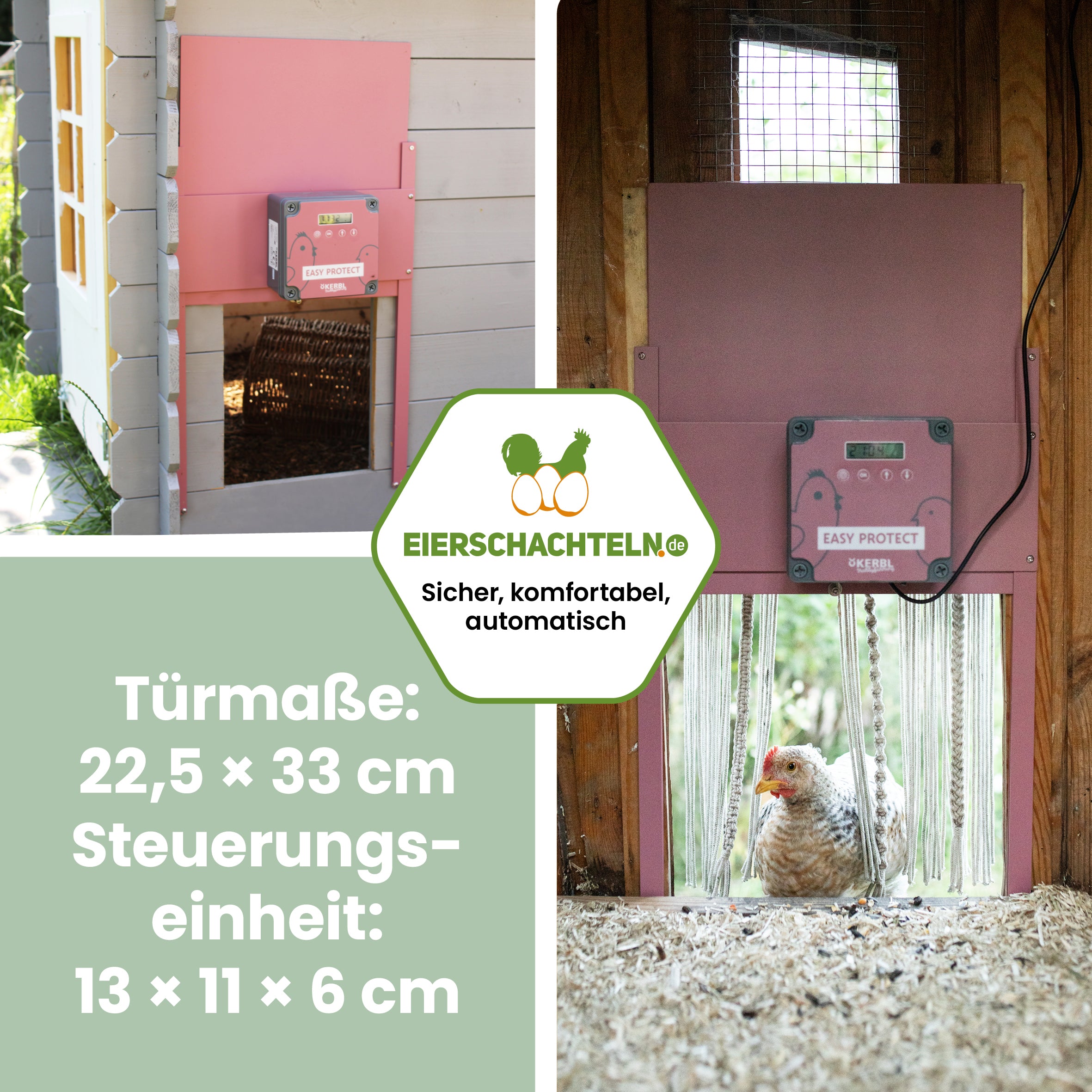 Automatische Hühnertür EasyProtect "Türmaße: 22,5 x 33 cm Steuerungseinheit: 13 x 11 x 6 cm"
