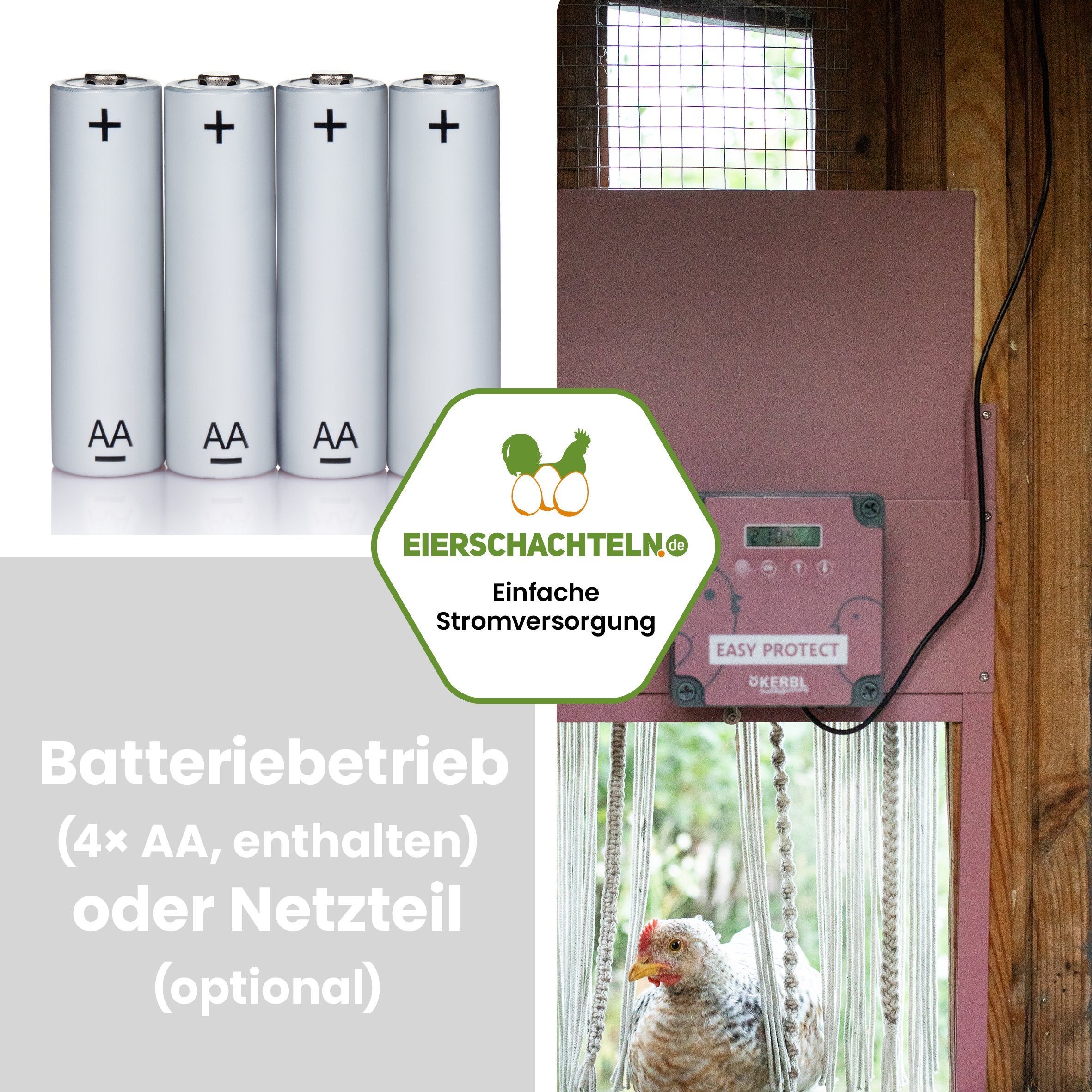 Automatische Hühnertür EasyProtect "Batteriebetrieb (4 x AA, enthalten) oder Netzteil (optional)"