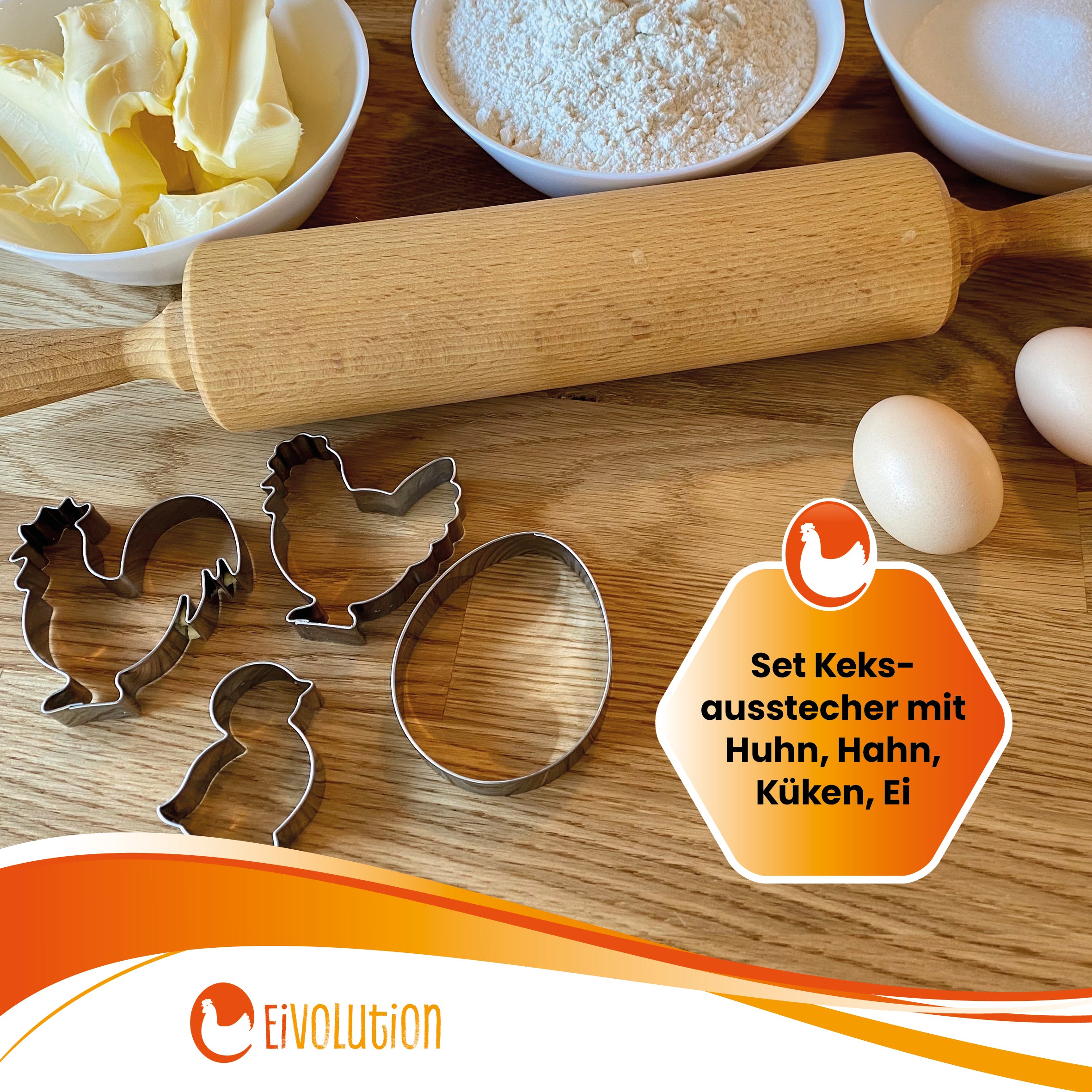 Set Keksausstecher mit Huhn, Hahn, Küken, Ei "Set Keksausstecher mit Huhn, Hahn, Küken, Ei"