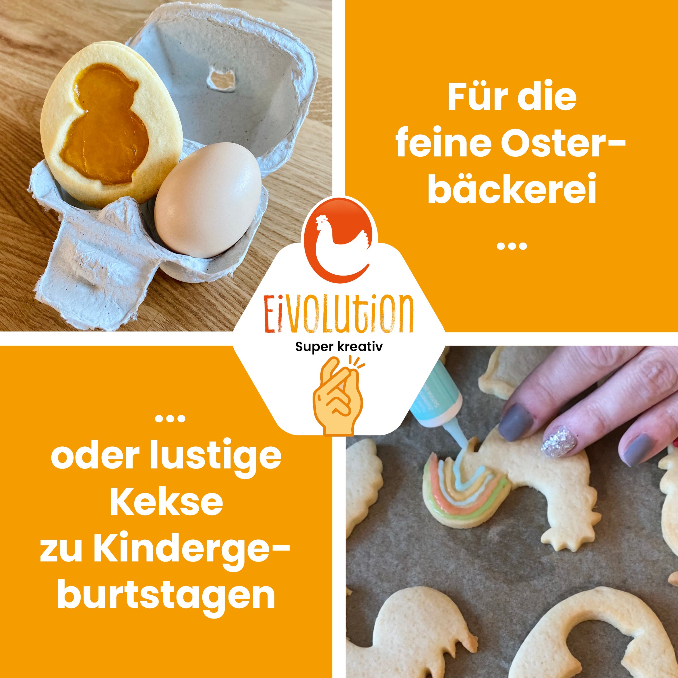 Set Keksausstecher mit Huhn, Hahn, Küken, Ei "Für die feine Osterbäckerei oder lustige Kekse zu Kindergeburtstagen"