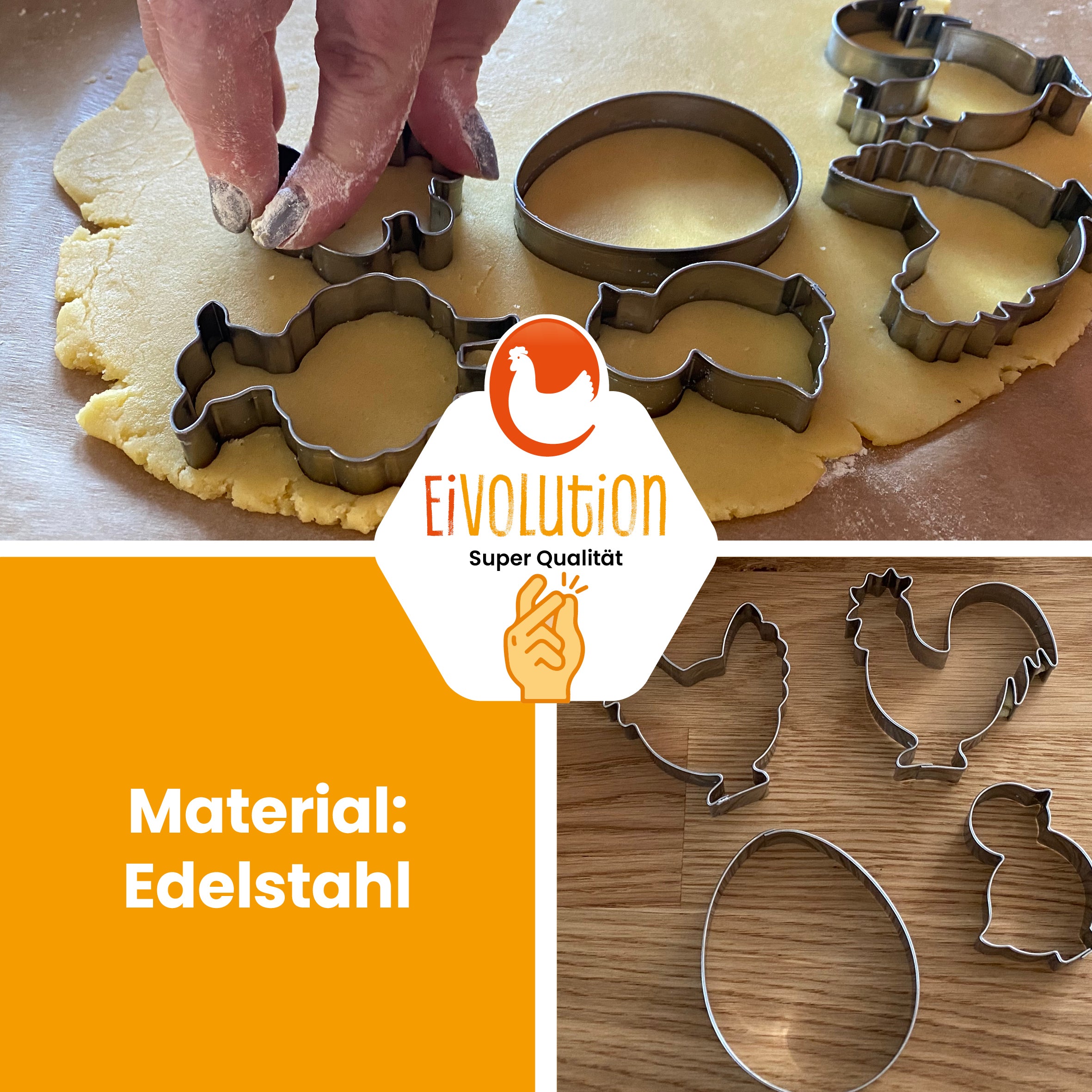 Set Keksausstecher mit Huhn, Hahn, Küken, Ei "Material: Edelstahl"