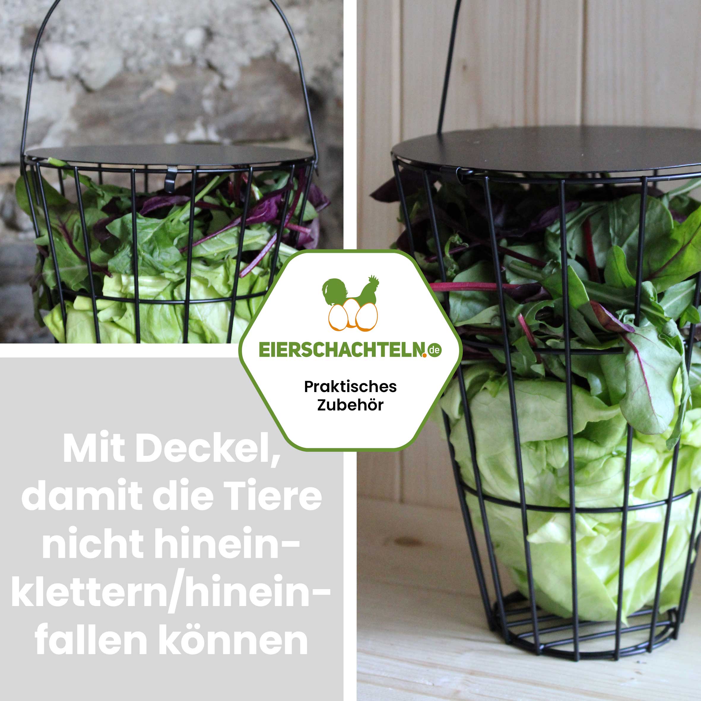 Futterkorb zum Aufhängen, schwarz "Mit Deckel damit die Tiere nicht hineinklettern/ hineinfallen können"