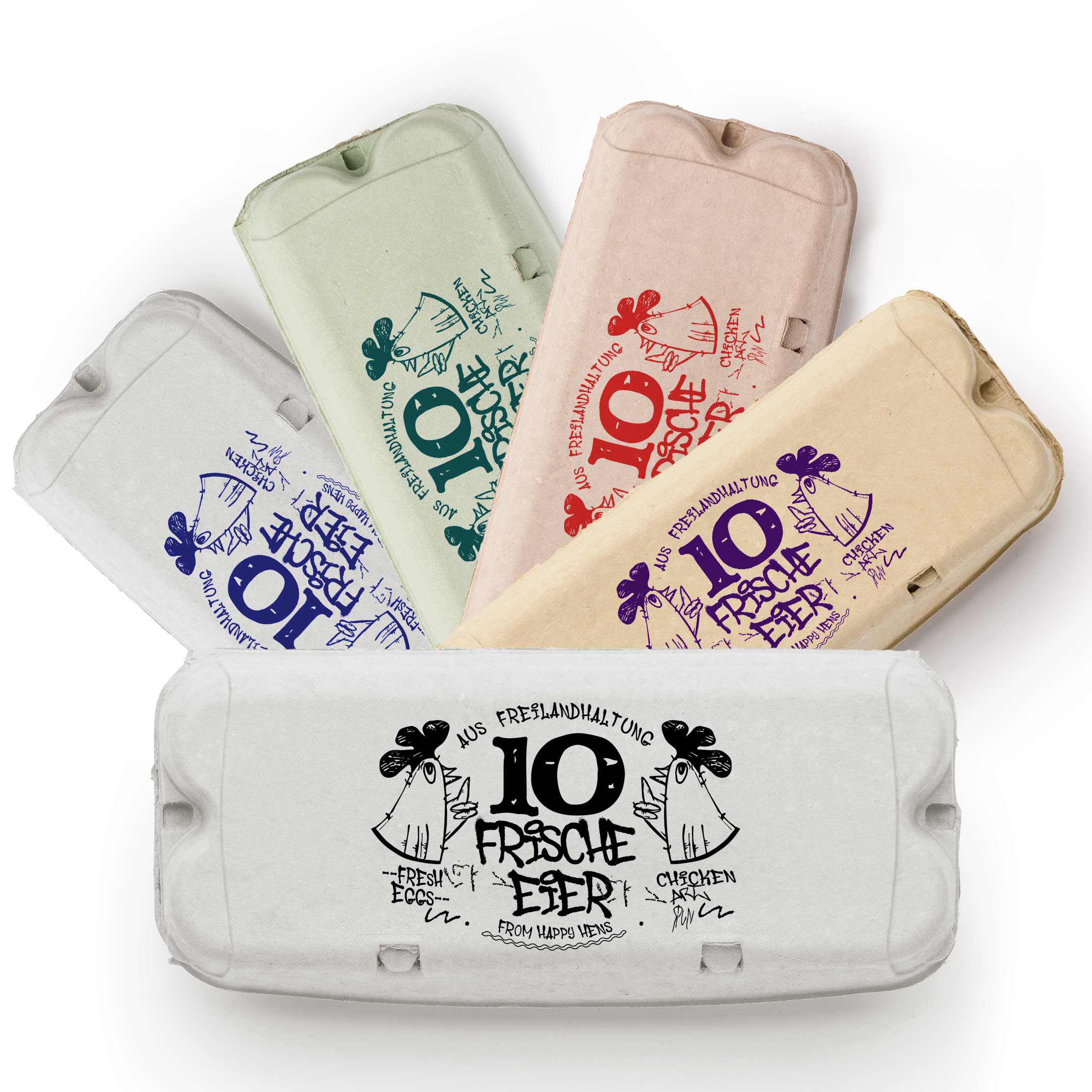 Eierschachtel-Stempel Streetart 10 bzw. 6 Frische Eier aus Freilandhaltung, in 5 Farben auf Schachteln