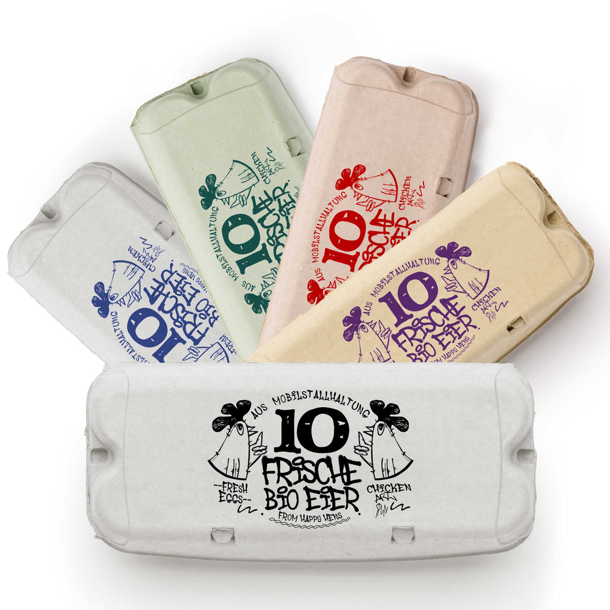 Eierschachtel-Stempel Streetart 10 bzw. 6 Frische Bio-Eier aus Mobilstallhaltung, in 5 Farben auf Eierschachteln