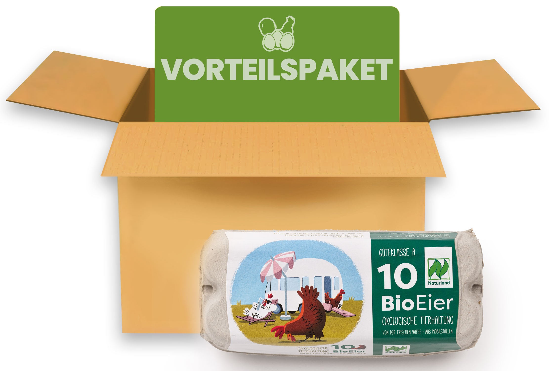 390 Stück 10er ComPac Eierschachteln mit Mobilstall-Naturland-Etikett – witziges Motiv