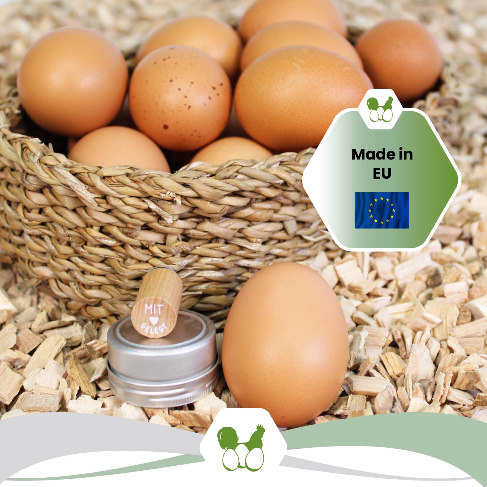 Mini-Woodie-Stempel „Mit Liebe gelegt“ "Made in EU"