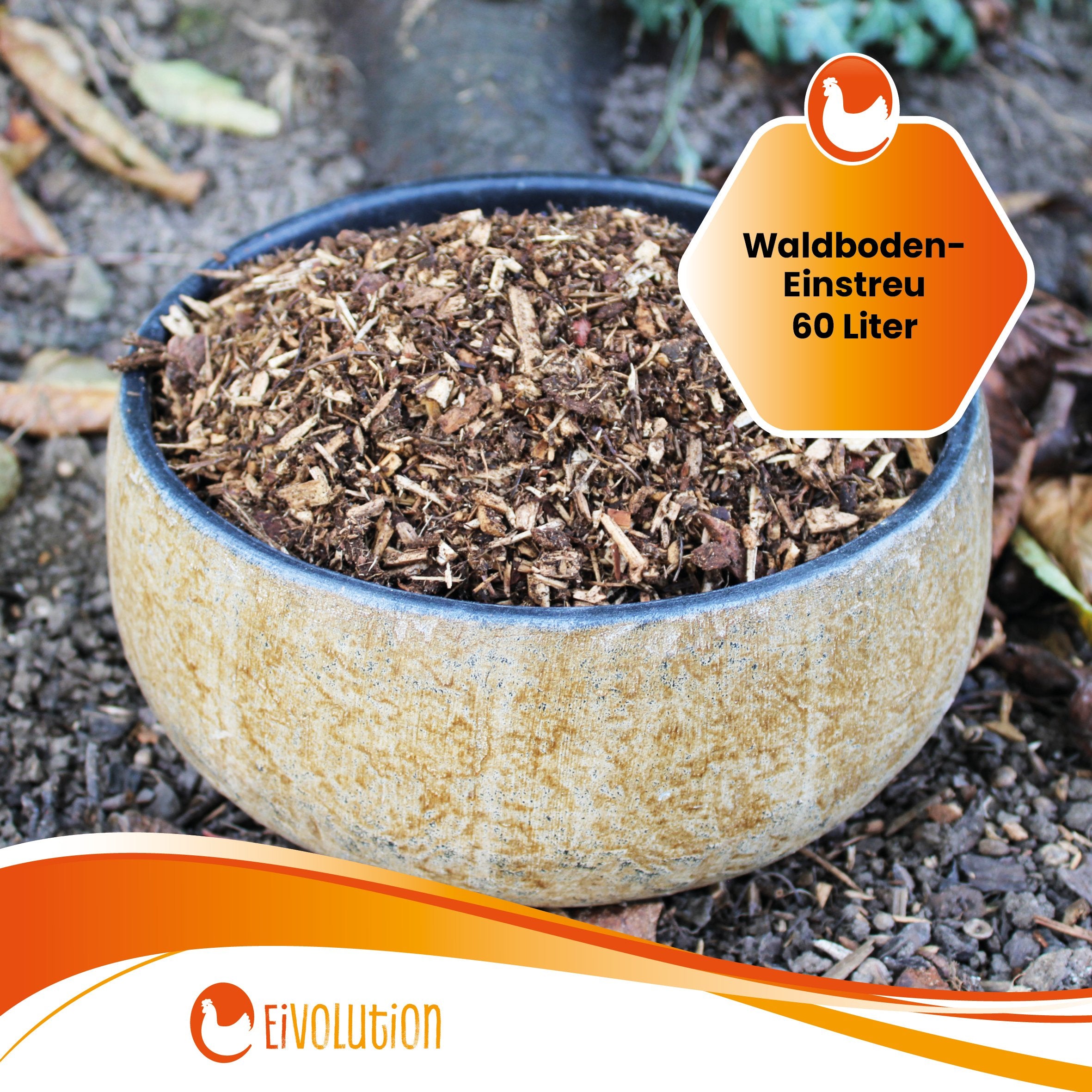 Schale mit eivolution Waldboden Einstreu, 60 Liter.