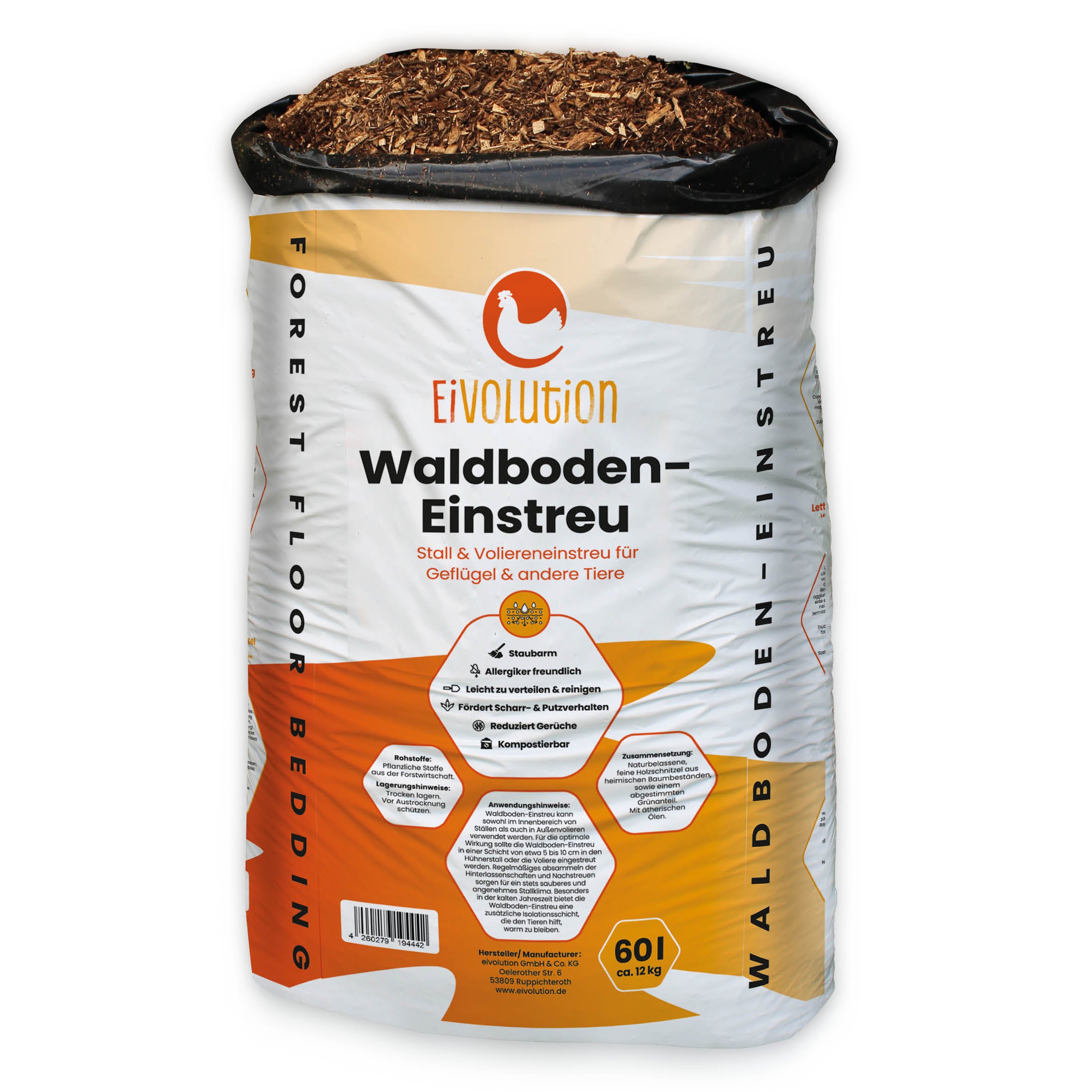 Sack mit eivolution Waldboden-Einstreu für Geflügel und andere Tiere, 60 Liter.