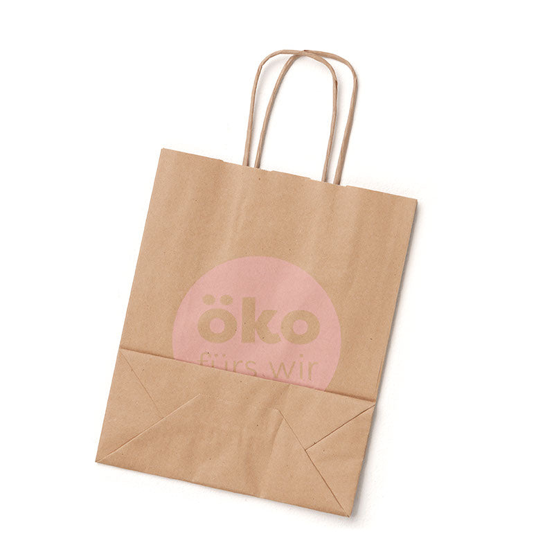 Kleine braune Papiertüte mit Henkeln, Rückseite mit dem Aufdruck „öko fürs wir“