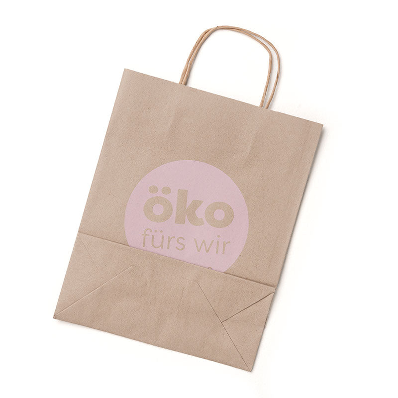 Mittlere braune Papiertüte mit Henkeln, Rückseite mit dem Aufdruck „öko fürs wir“