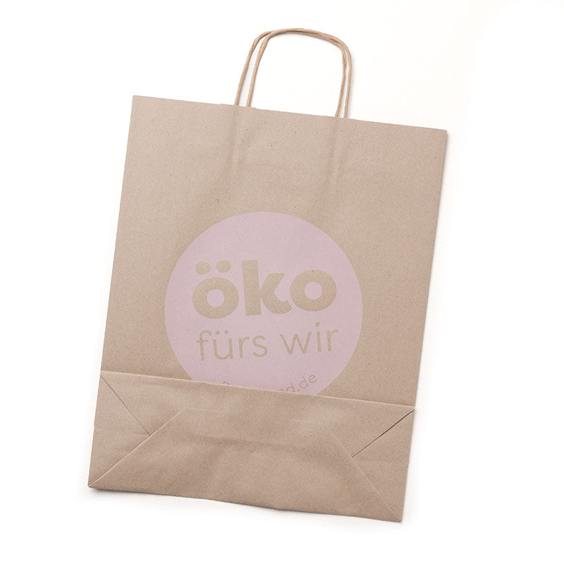 Große braune Papiertüte mit Henkeln, Rückseite mit dem Aufdruck „öko fürs wir“