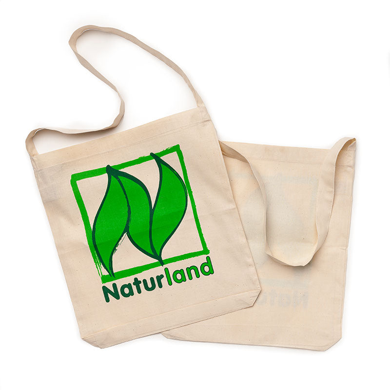 Stoff-Tragetasche – 100 % faire Baumwolle mit Naturland-Logo, Vorder- und Rückseite