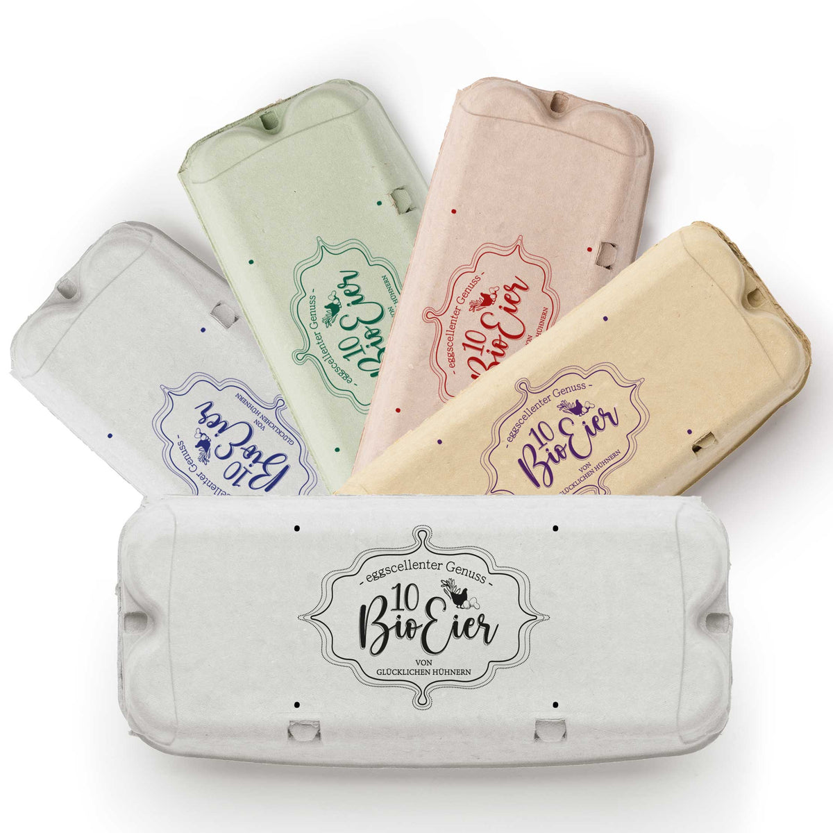 Eierschachtel-Stempel "von glücklichen Hühnern" 10 / 6 Bio-Eier, in 5 Farben auf Schachteln