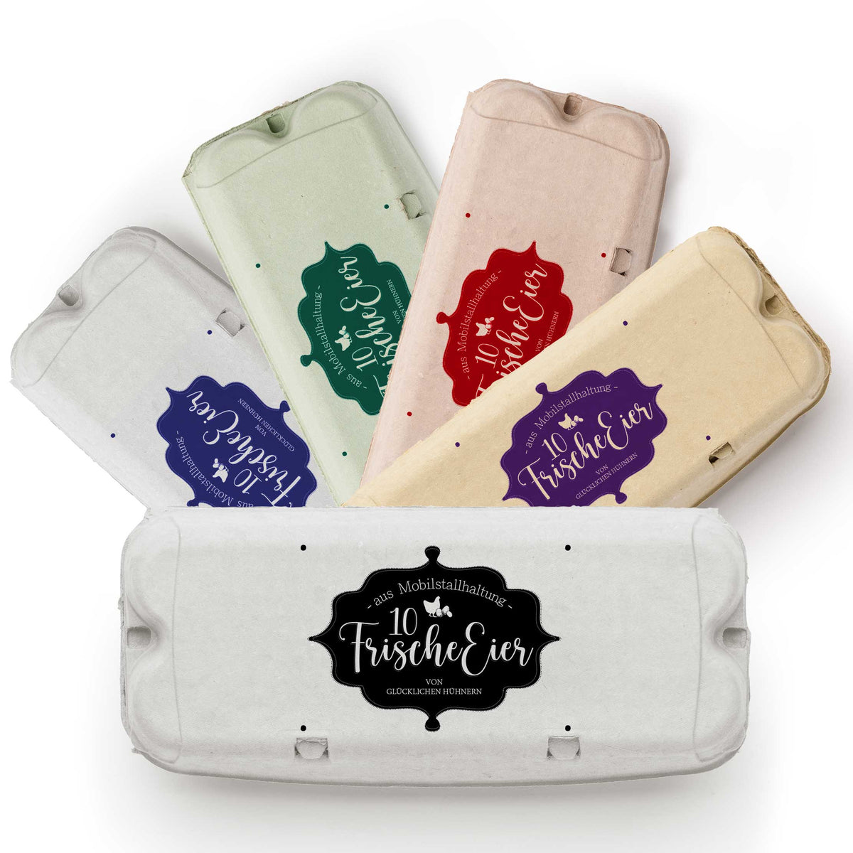 Eierschachtel-Stempel "von glücklichen Hühnern" 10 / 6 Frische Eier aus Mobilstallhaltung, in 5 Farben auf Schachteln