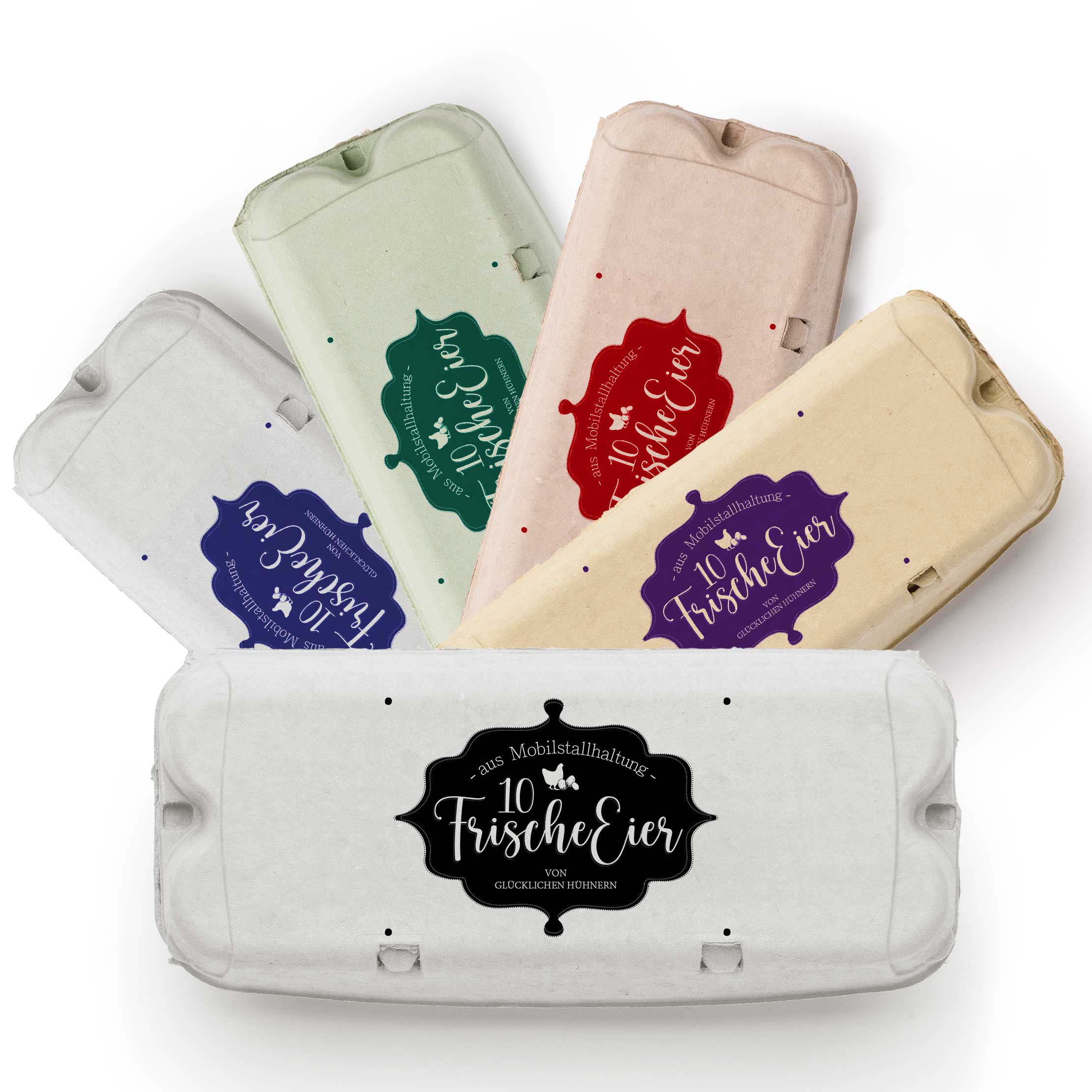 Eierschachtel-Stempel "von glücklichen Hühnern" 10 / 6 Frische Eier aus Mobilstallhaltung, in 5 Farben auf Schachteln