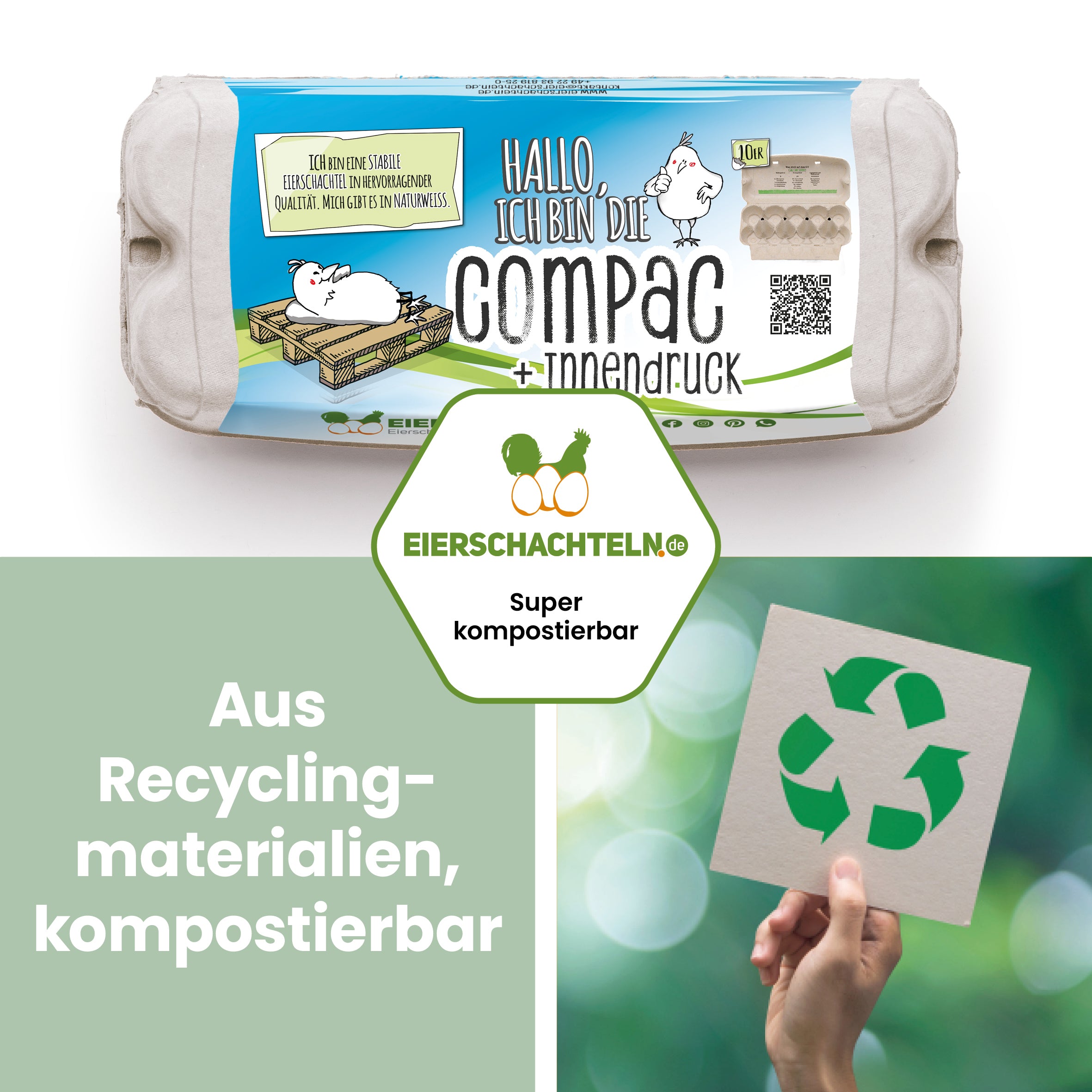 10er ComPac mit Innendruck und eigenem Etikett "Aus Recyclingmaterialien, kompostierbar" 