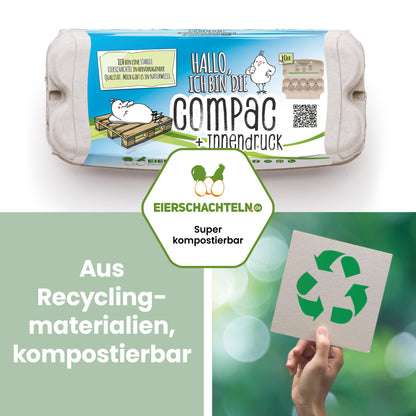 10er ComPac mit Innendruck und eigenem Etikett "Aus Recyclingmaterialien, kompostierbar" 