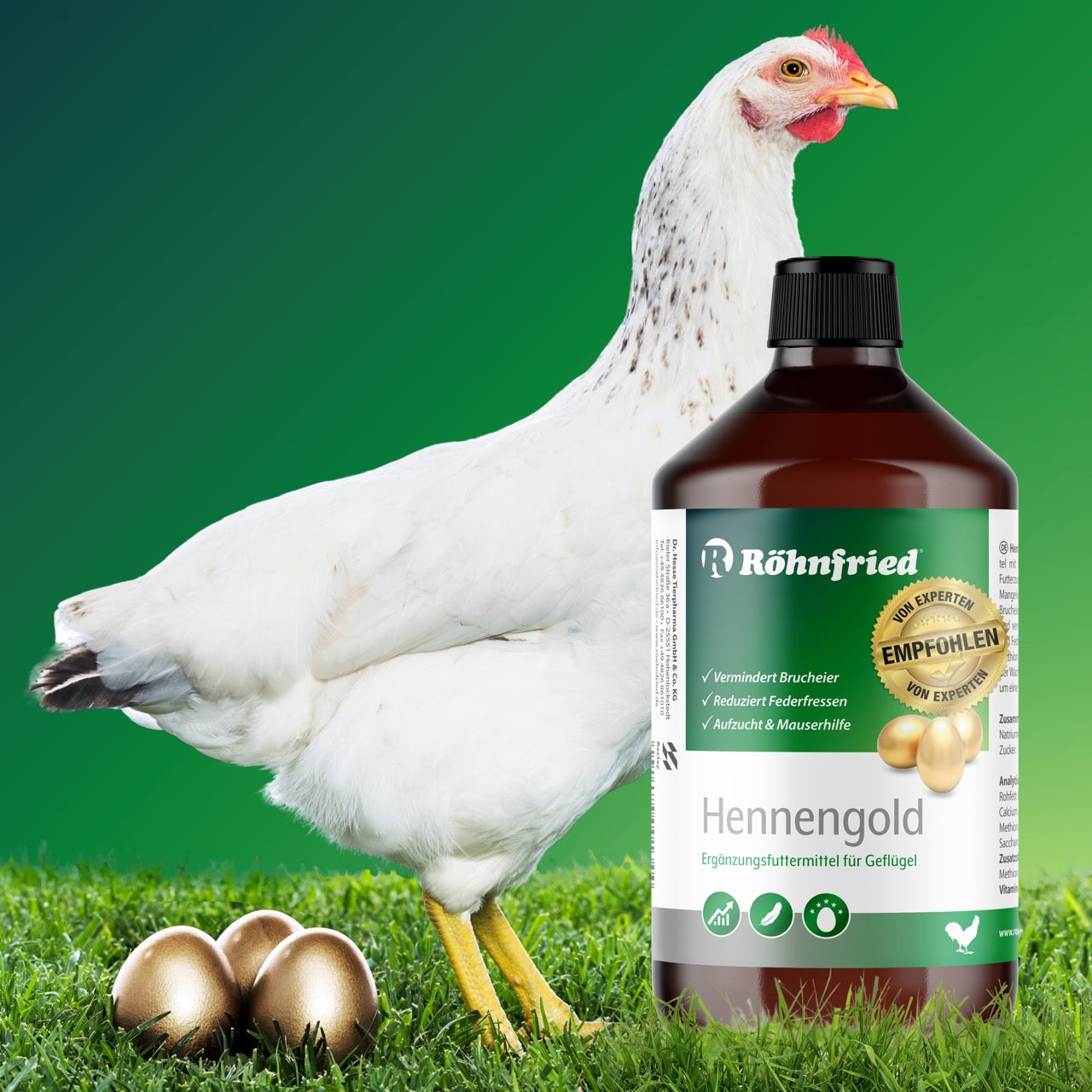 Hennengold Tränkenzusatz, mit Huhn und goldenen Eiern 