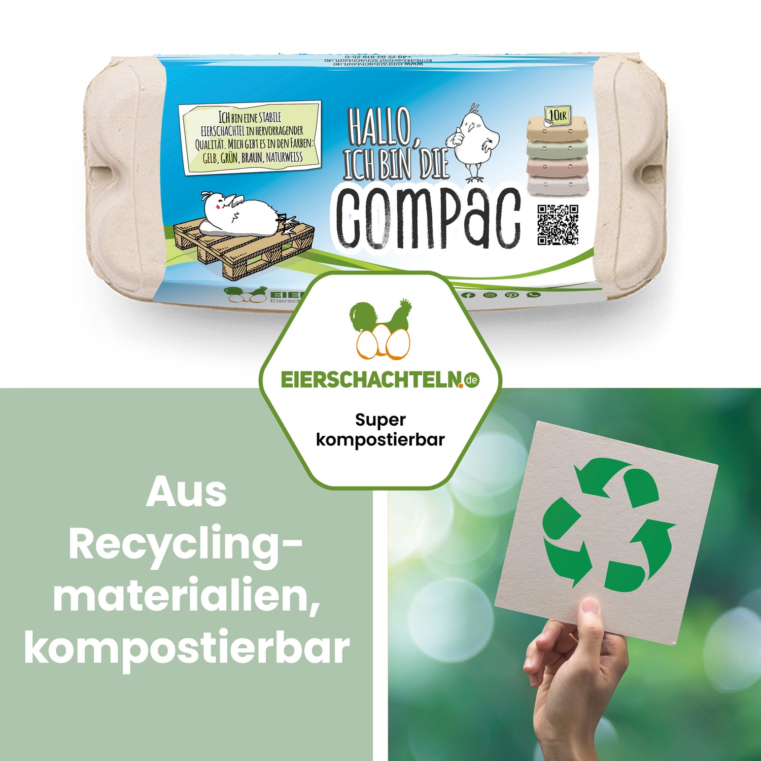 ComPac 10er Eierschachteln Etikettengestaltung + Innendruck "Aus Recyclingmaterialien, kompostierbar"