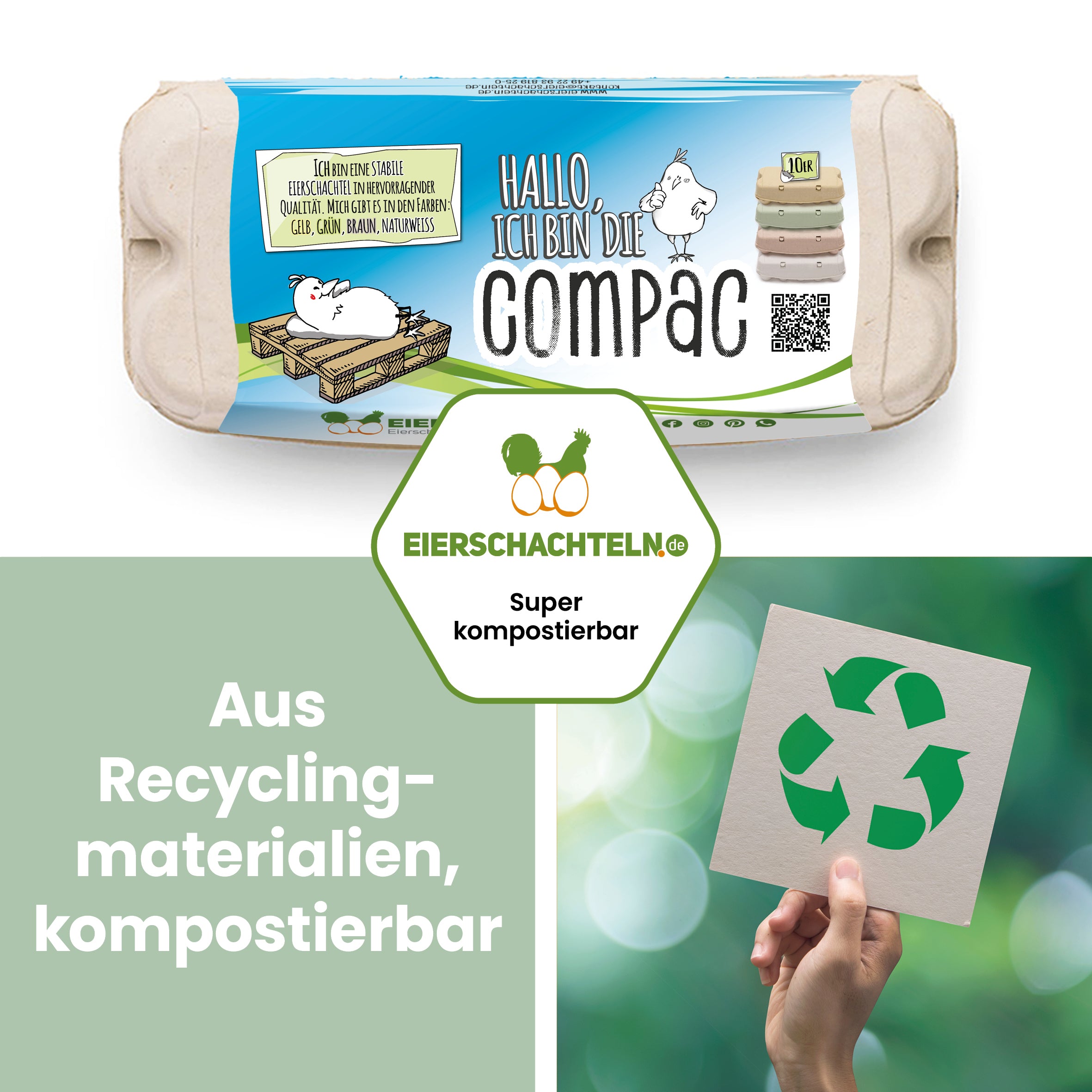 ComPac 10er Eierschachteln Etikettengestaltung + Innendruck "Aus Recyclingmaterialien, kompostierbar"