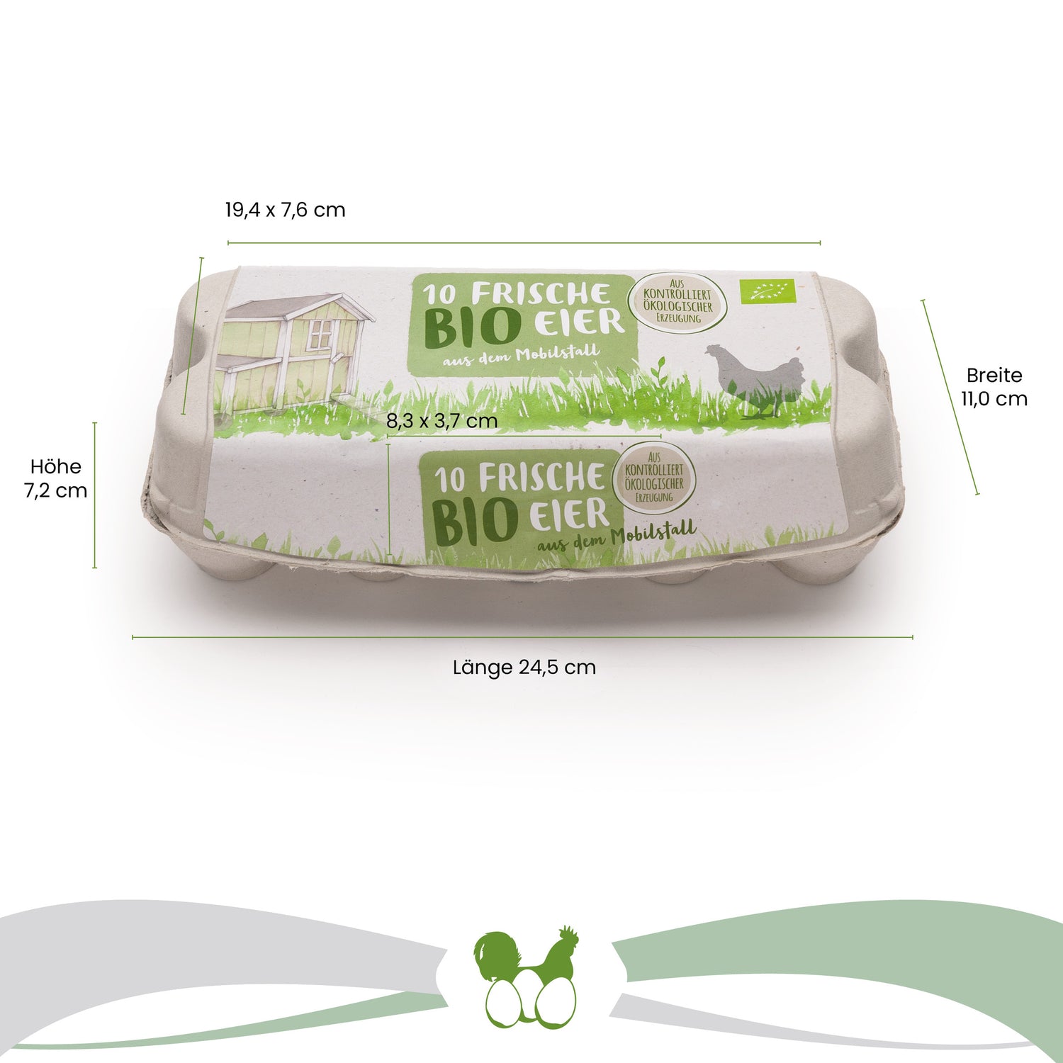 ComPac 10er Eierschachtel mit Etikett Mobilstall-Biohaltung Maße: "Breite 11,0 cm x Länge 24,5 cm x Höhe 7,2 cm" Deckel: "19,4 x 7,6 cm" Lasche: "8,3 x 3,7 cm"
