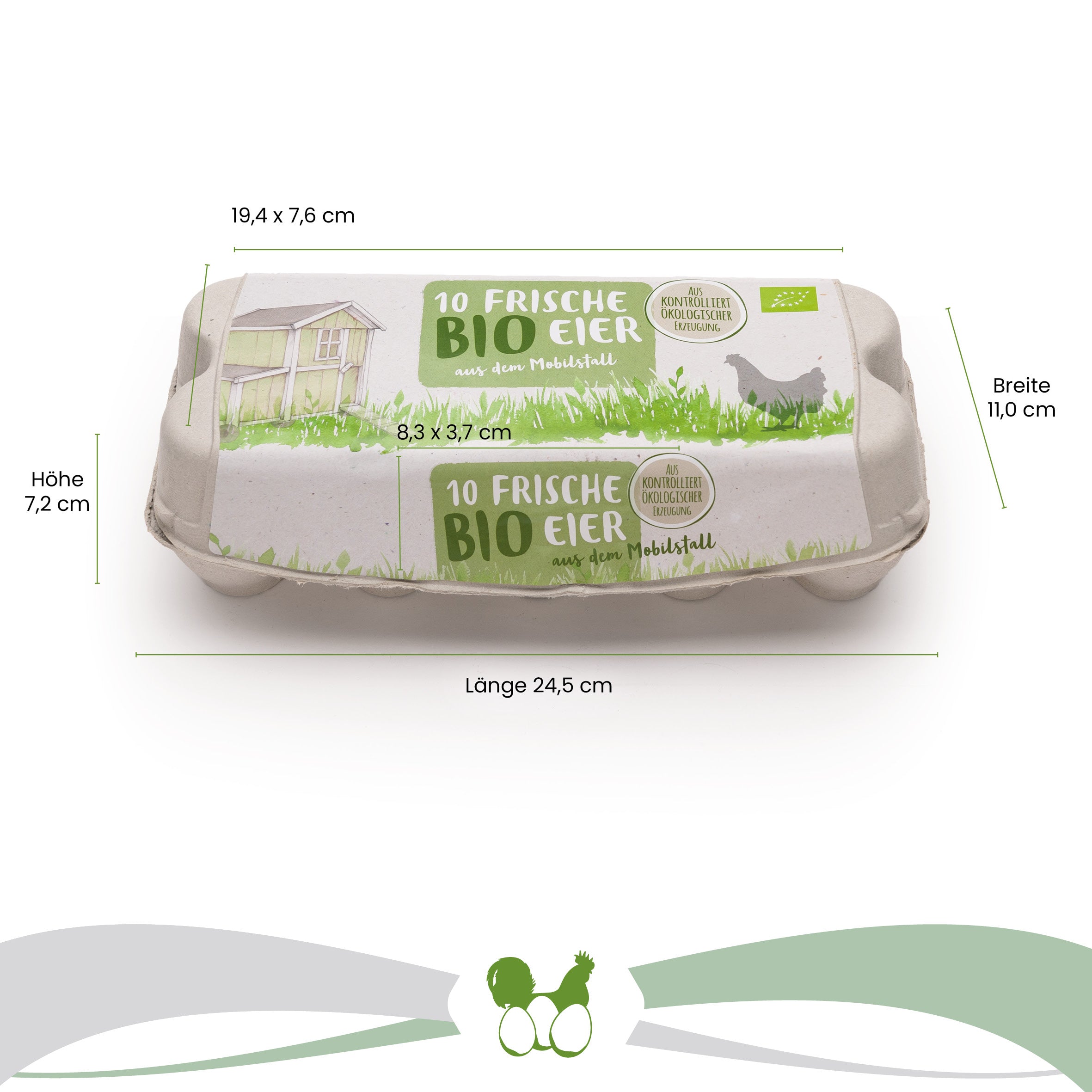 ComPac 10er Eierschachtel mit Etikett Mobilstall-Biohaltung Maße: "Breite 11,0 cm x Länge 24,5 cm x Höhe 7,2 cm" Deckel: "19,4 x 7,6 cm" Lasche: "8,3 x 3,7 cm"