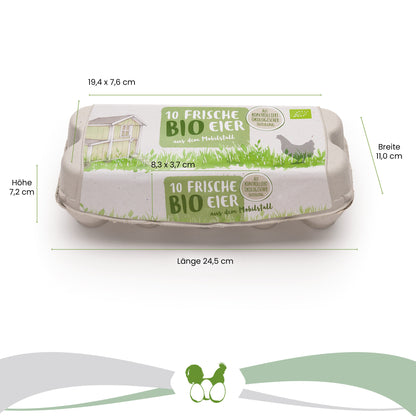 ComPac 10er Eierschachtel mit Etikett Mobilstall-Biohaltung Maße: "Breite 11,0 cm x Länge 24,5 cm x Höhe 7,2 cm" Deckel: "19,4 x 7,6 cm" Lasche: "8,3 x 3,7 cm"