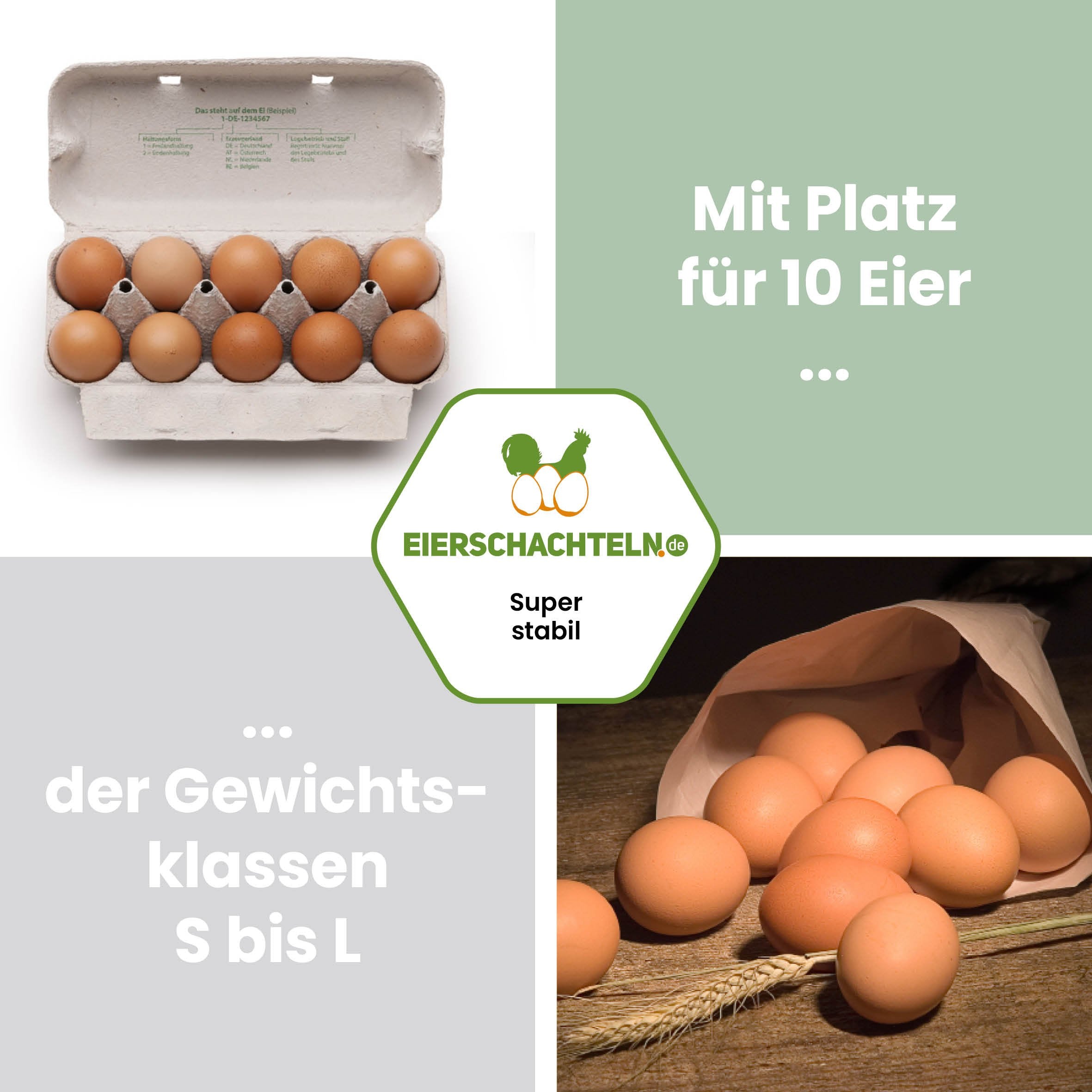 10er Eierschachteln ComPac mit Innendruck und Freilandhaltungs-Aufdruck "Mit Platz für 10 Eier der Gewichtsklassen S bis L"