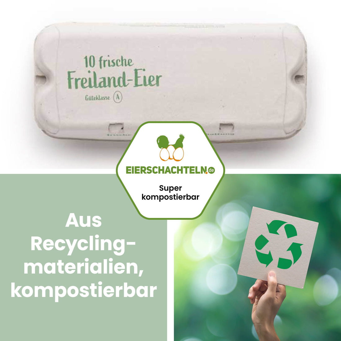 10er Eierschachteln ComPac mit Innendruck und Freilandhaltungs-Aufdruck "Aus Recyclingmaterialien, kompostierbar" 