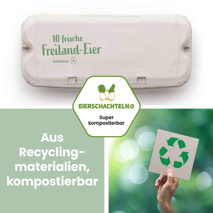 10er Eierschachteln ComPac mit Innendruck und Freilandhaltungs-Aufdruck "Aus Recyclingmaterialien, kompostierbar" 