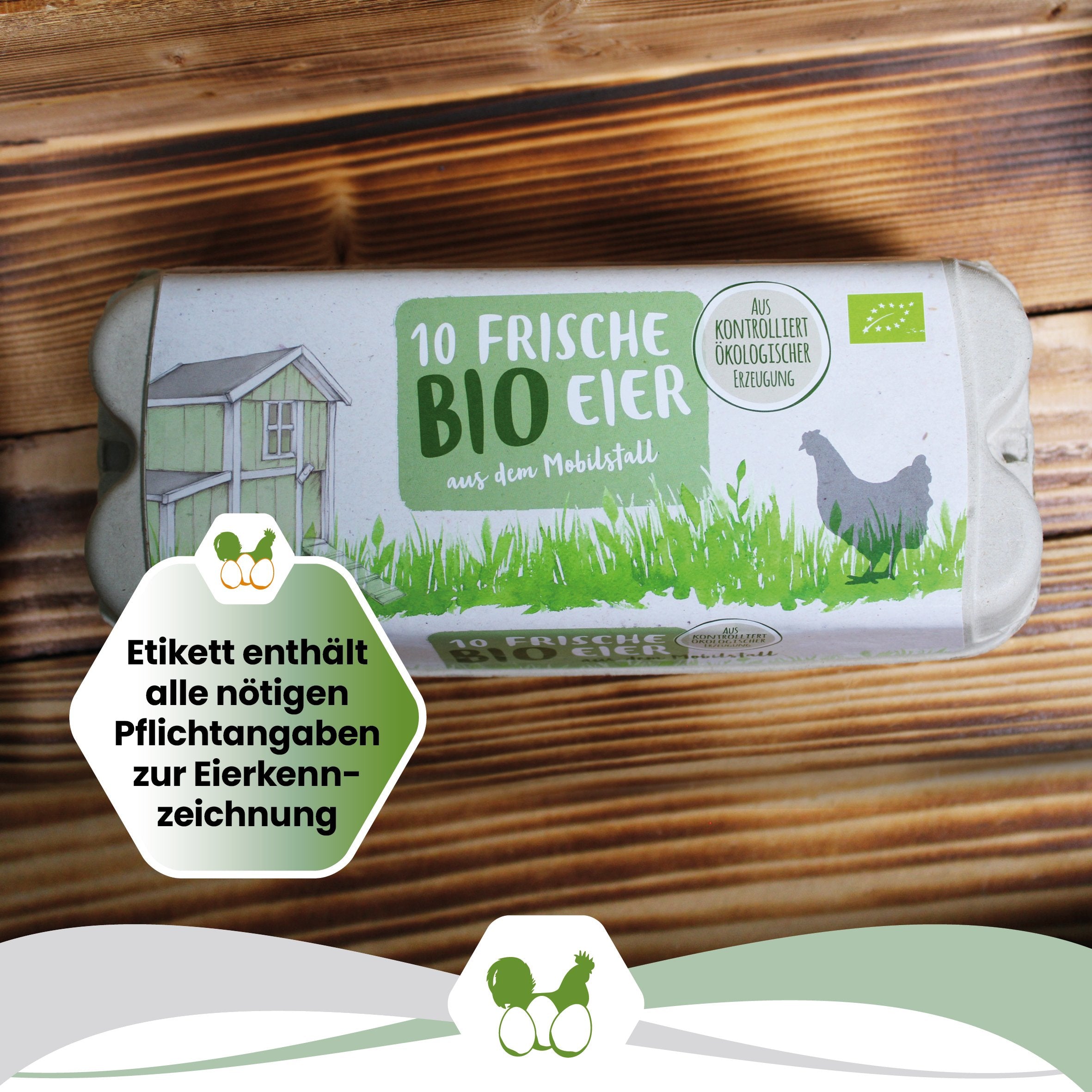 ComPac 10er Eierschachtel mit Etikett Mobilstall-Biohaltung "Etikett enthält alle nötigen Pflichtangaben zur Eierkennzeichnung"   