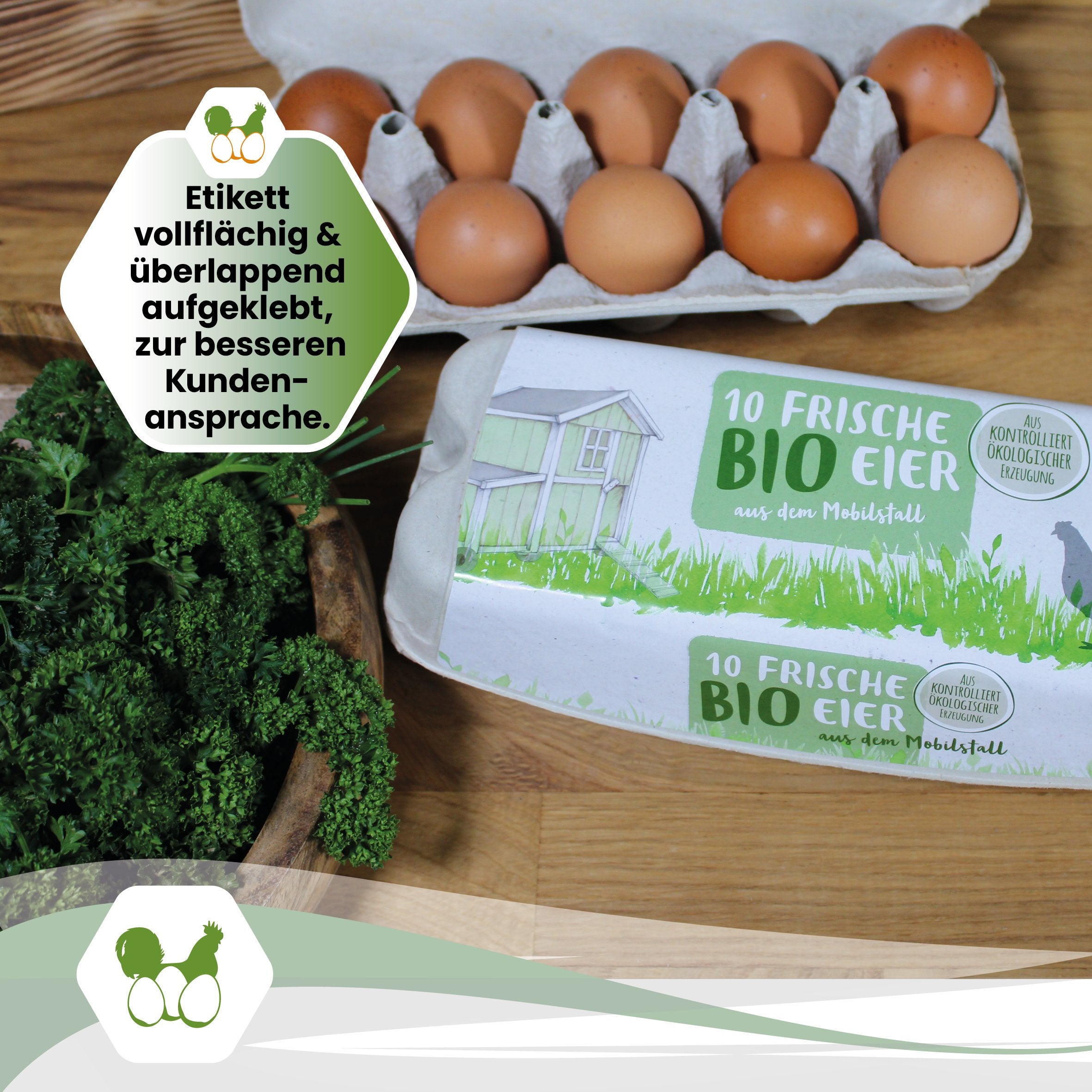 ComPac 10er Eierschachtel mit Etikett Mobilstall-Biohaltung "Etikett vollflächig &amp; überlappend aufgeklebt, zur besseren Kundenansprache" 