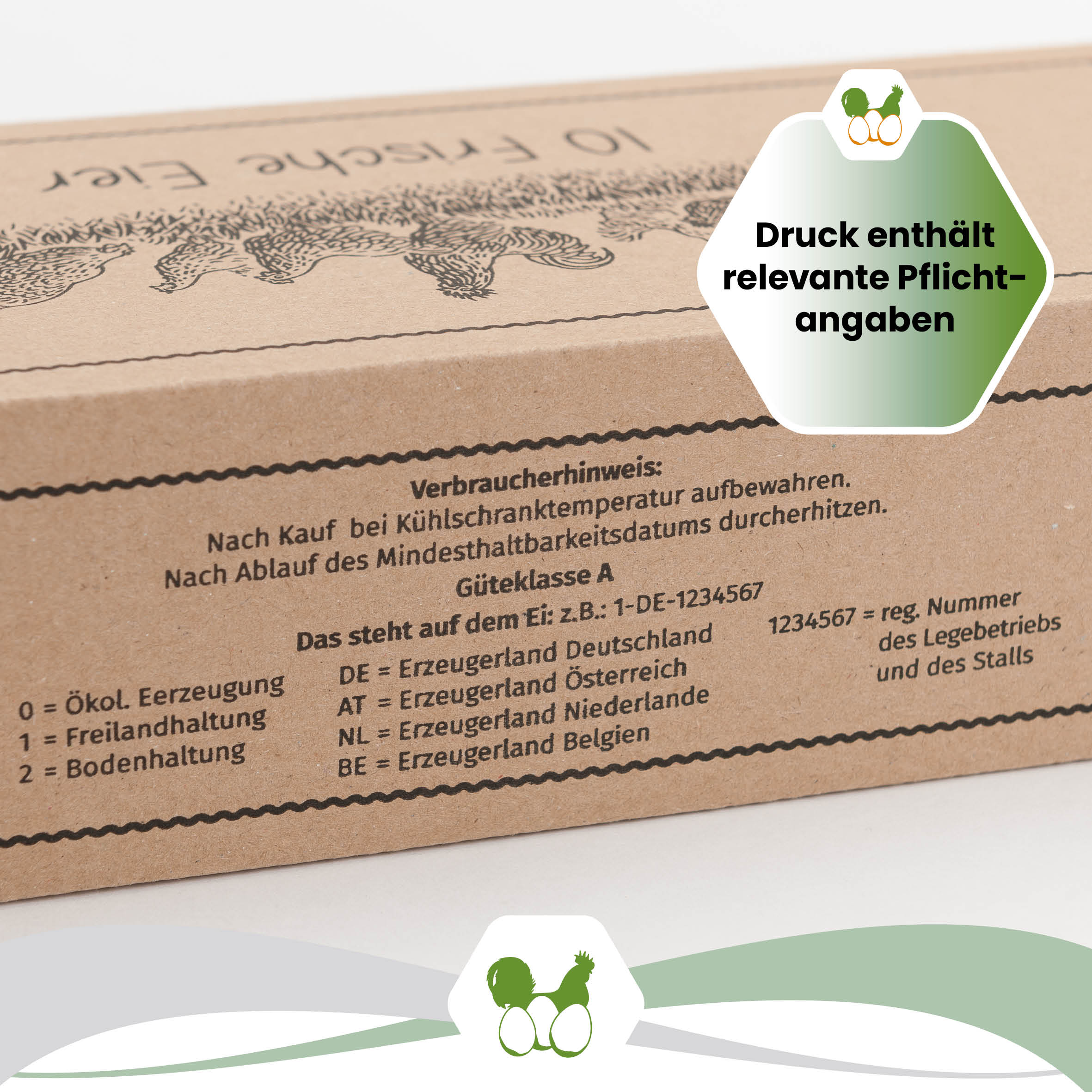 EckPack 10er Eierschachtel mit Direktdruck "Druck enthält relevante Pflichtangaben" 