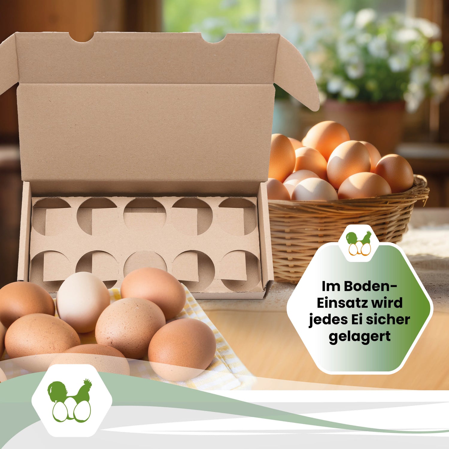 EckPack 10er Eierschachtel, mit Direktdruck "Im Boden-Einsatz wird jedes Ei sicher gelagert"